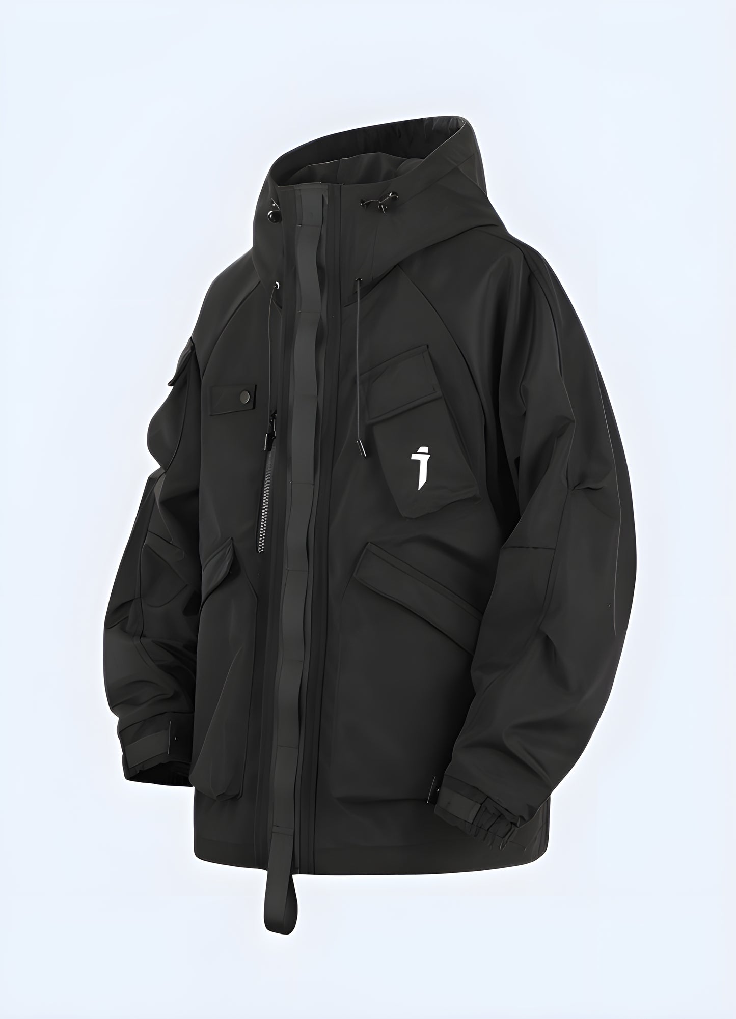 Black Techwear leather jacket futuristic front view.