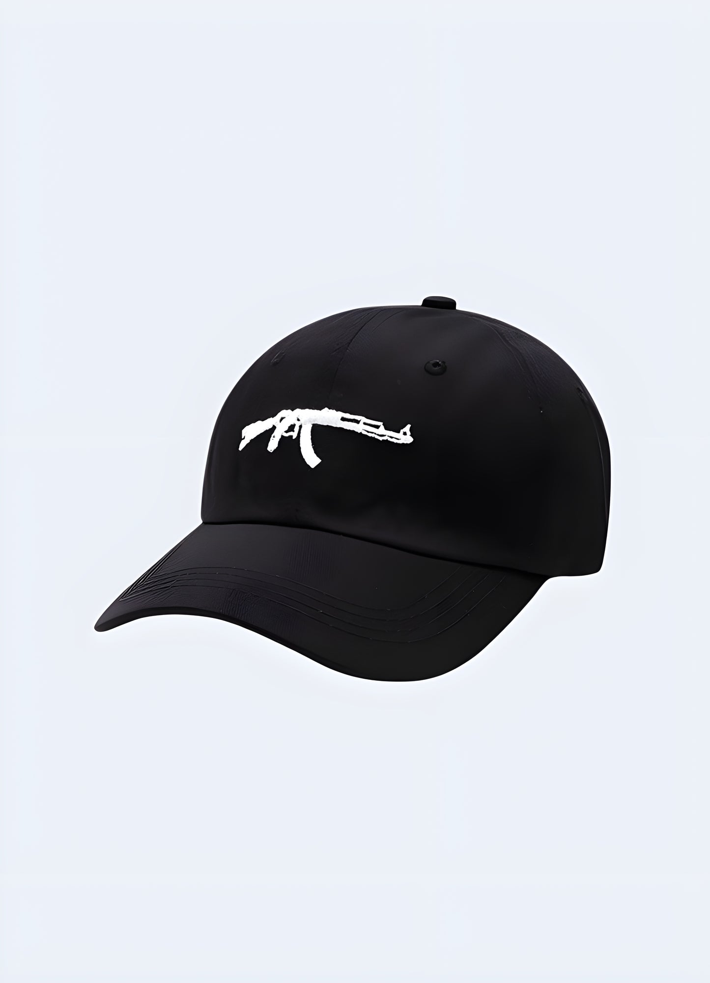 Embroidered AK-47 motif curved bill with mesh back black cap.