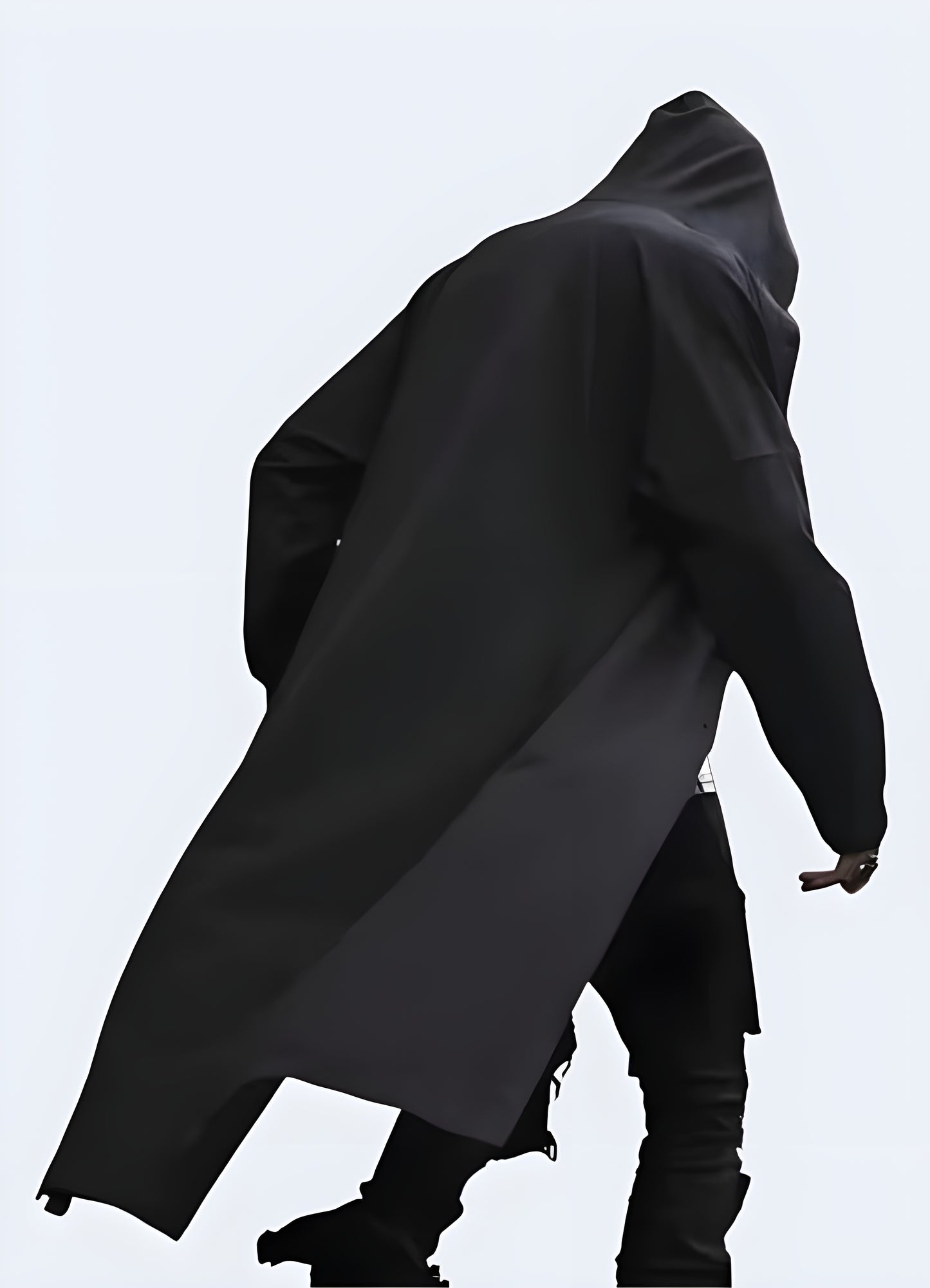 Back view of man wearing streetwear cloak – functional techwear outerwear with hood.