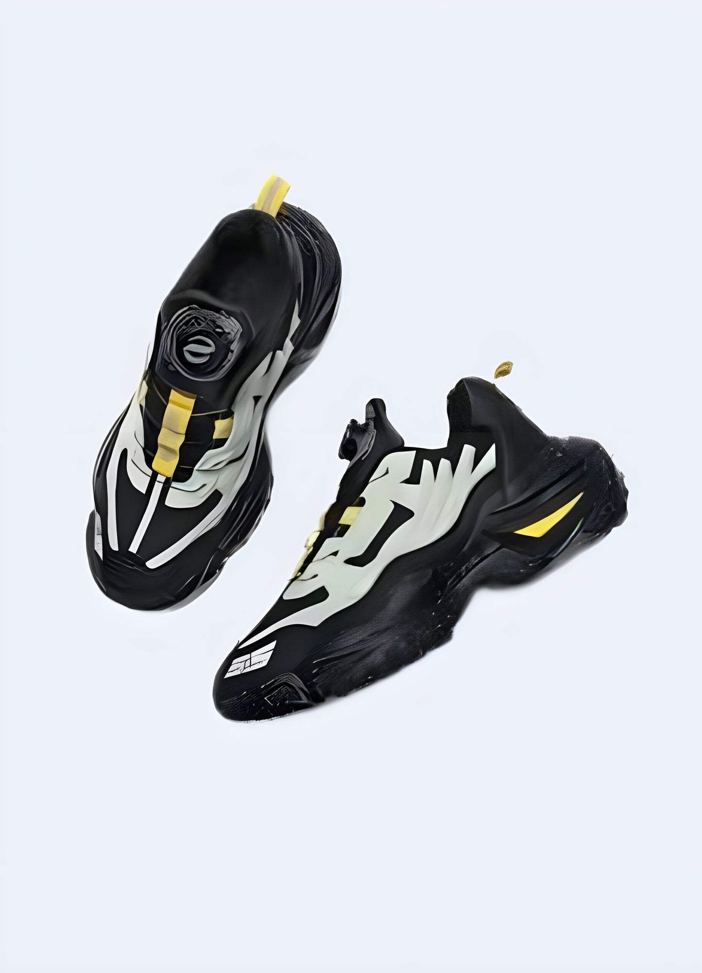 A pair of techwear shoes in black and white, viewed from the side, showcasing their sleek and uniqe design.