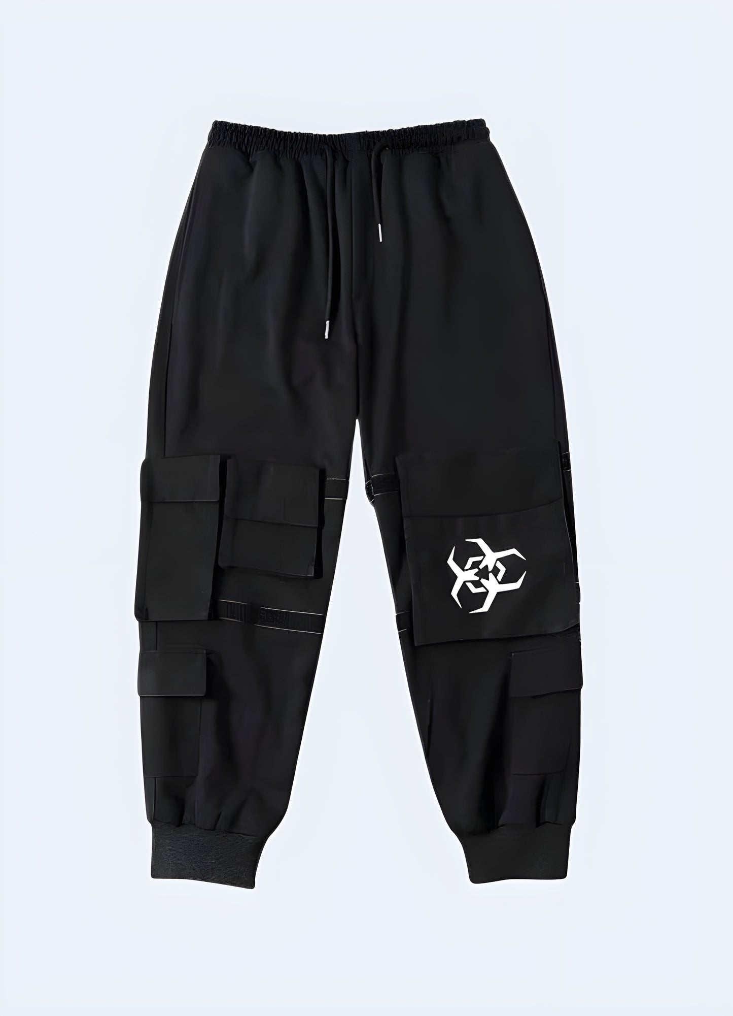 Distressed biohazard pants front view model.