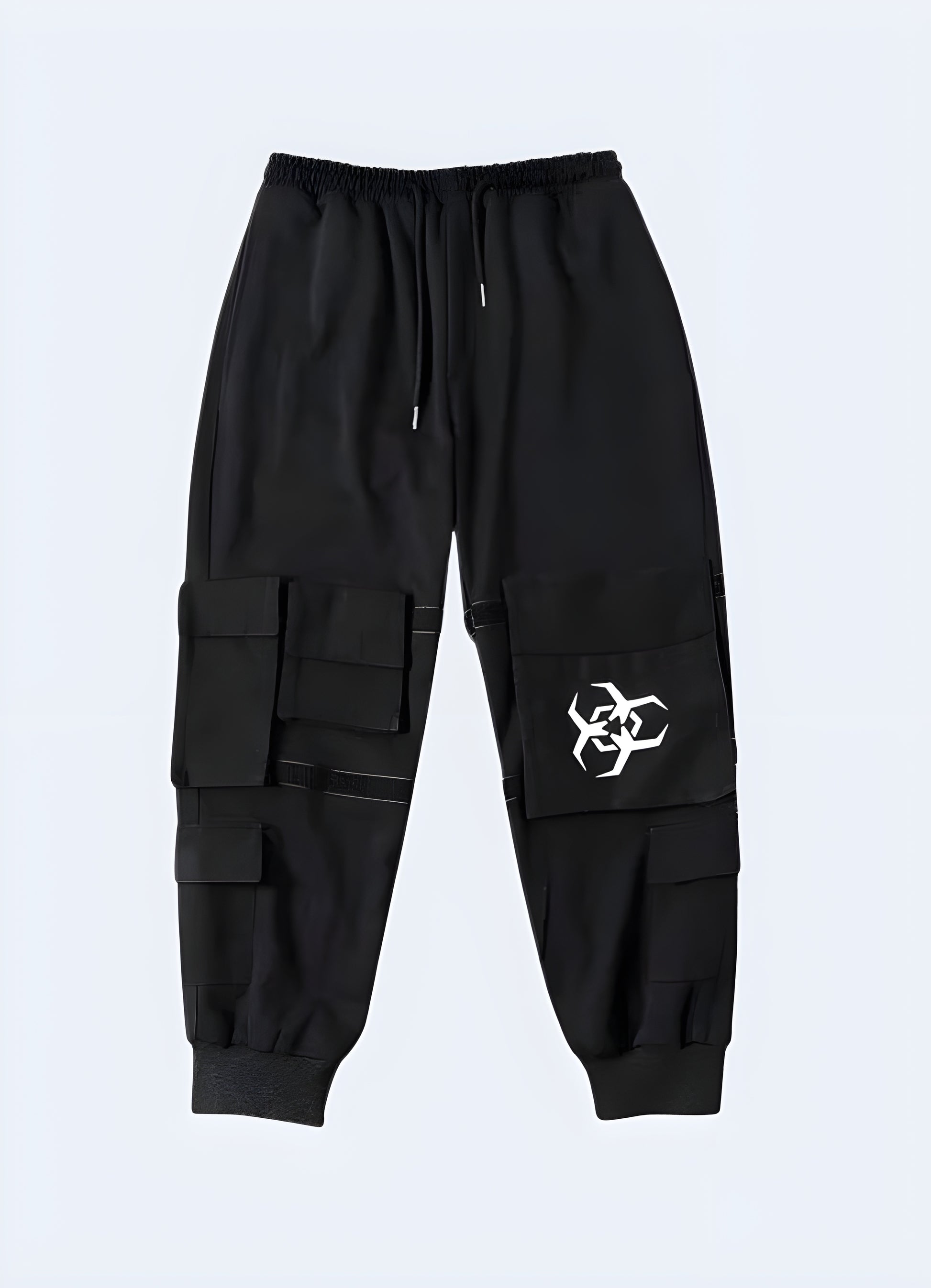 Distressed biohazard pants front view model.