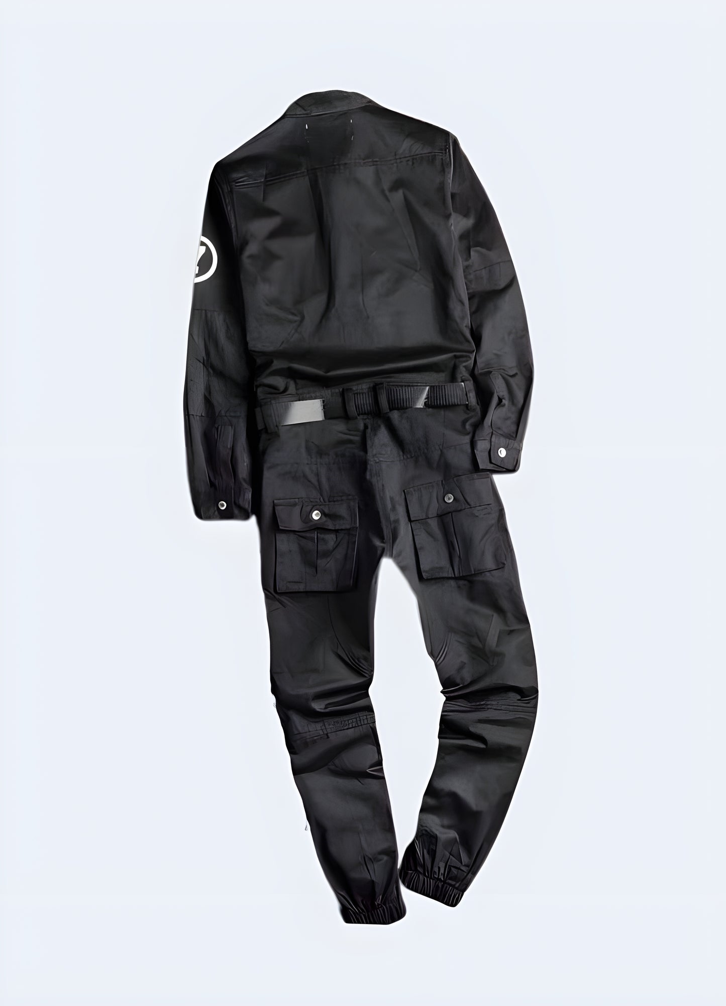 Black cargo overalls back view—sleek and functional design with adjustable straps, multiple utility pockets, and a modern techwear aesthetic, ideal for urban and streetwear outfits.