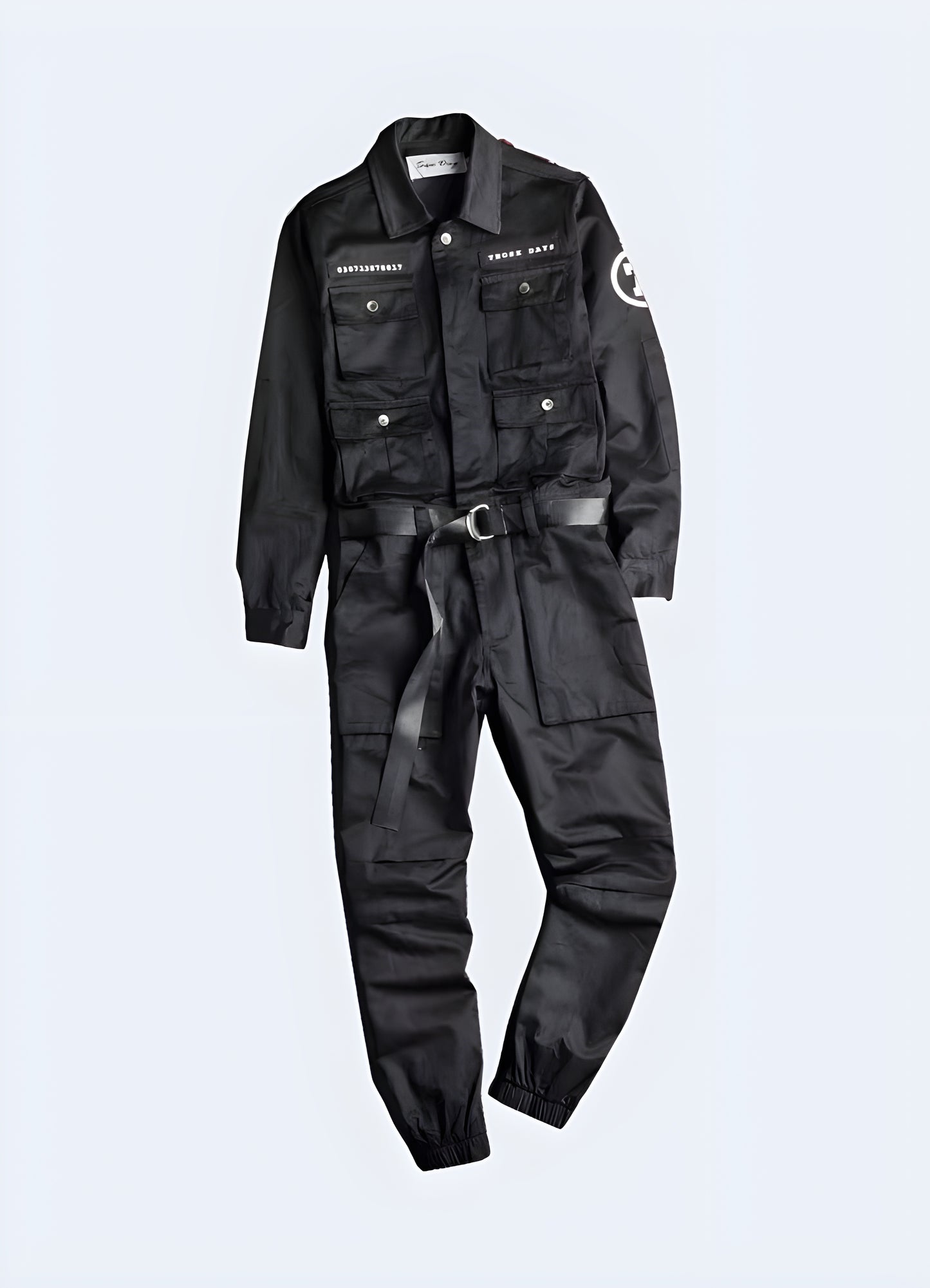 Black cargo overalls front view—modern and functional overalls featuring multiple utility pockets, adjustable straps, and a sleek techwear design, perfect for urban and streetwear fashion.