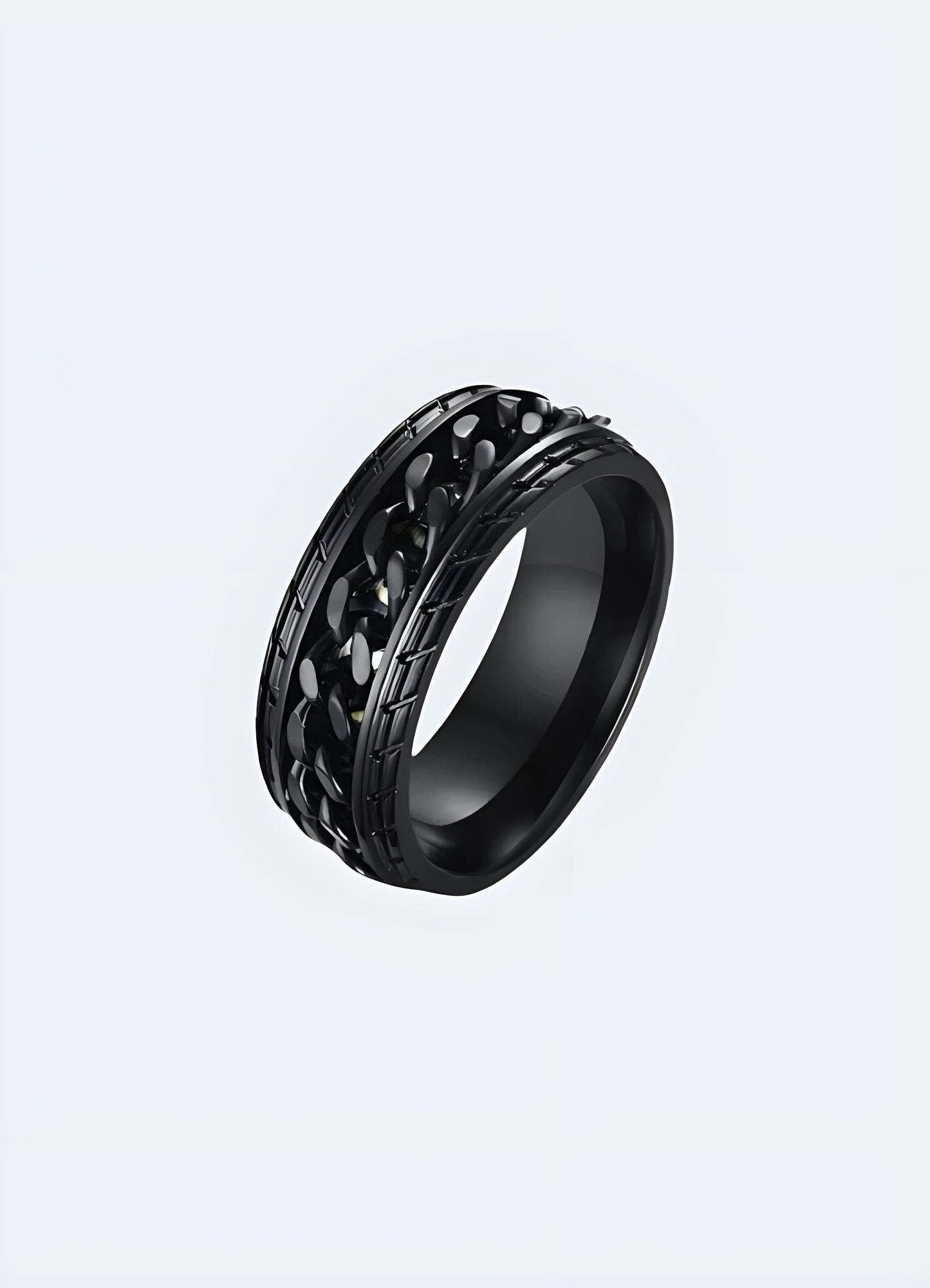 Black-plated curb chain rocker aesthetic.