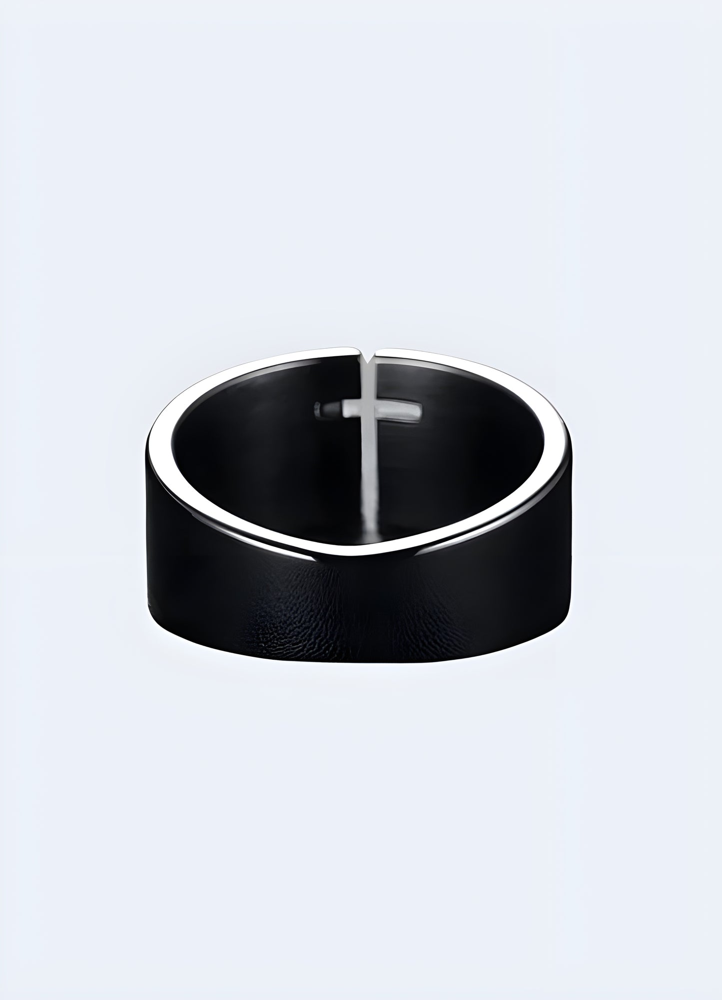 Black cross ring made of stainless steel that won't tarnish or fade over the time.