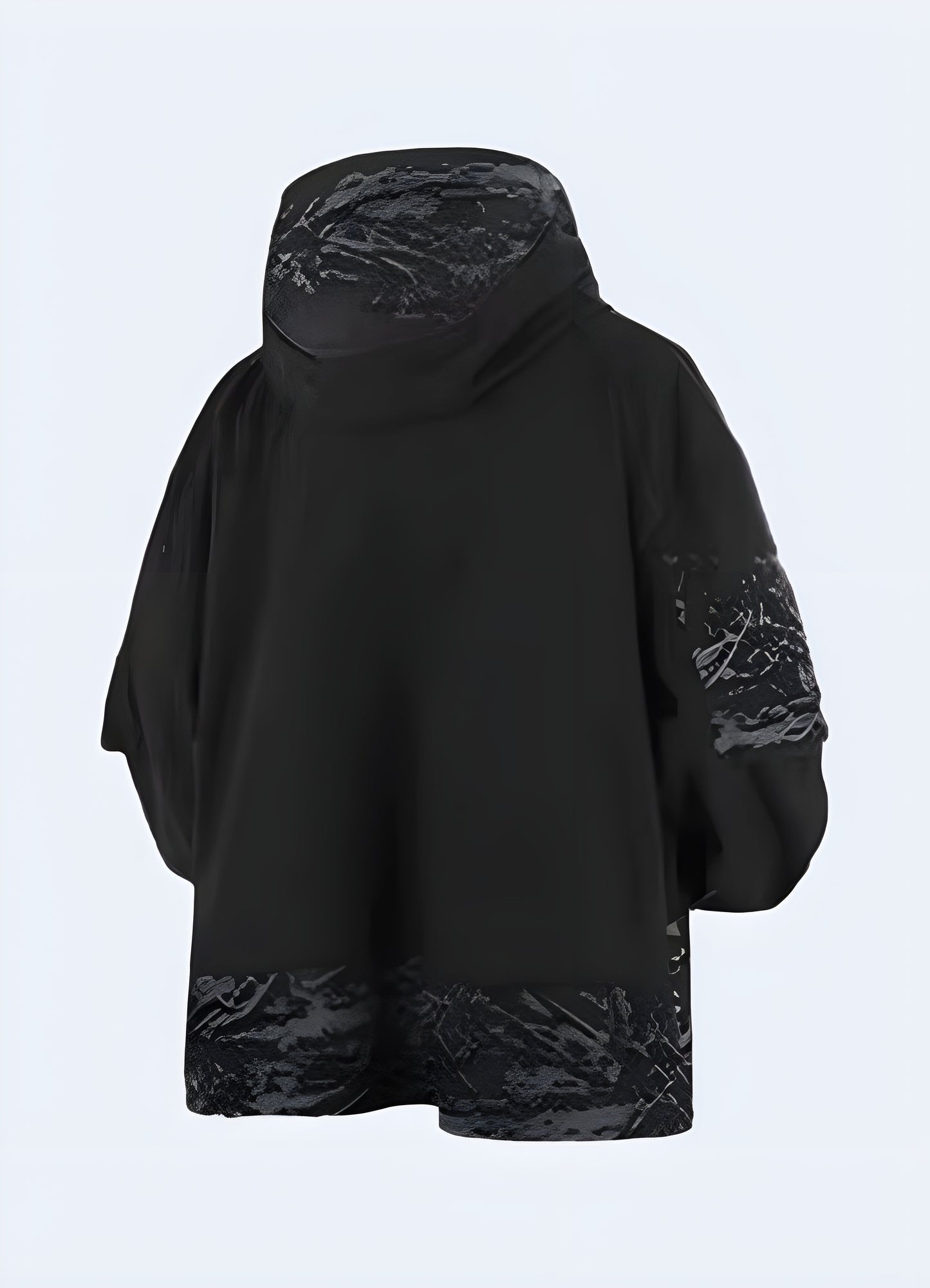 Black functional pockets techwear windbreaker front view, Australia. Stylish and water-resistant jacket featuring multiple utility pockets, adjustable hood, and ergonomic fit. Ideal for urban streetwear, cyberpunk fashion, and all-weather protection.