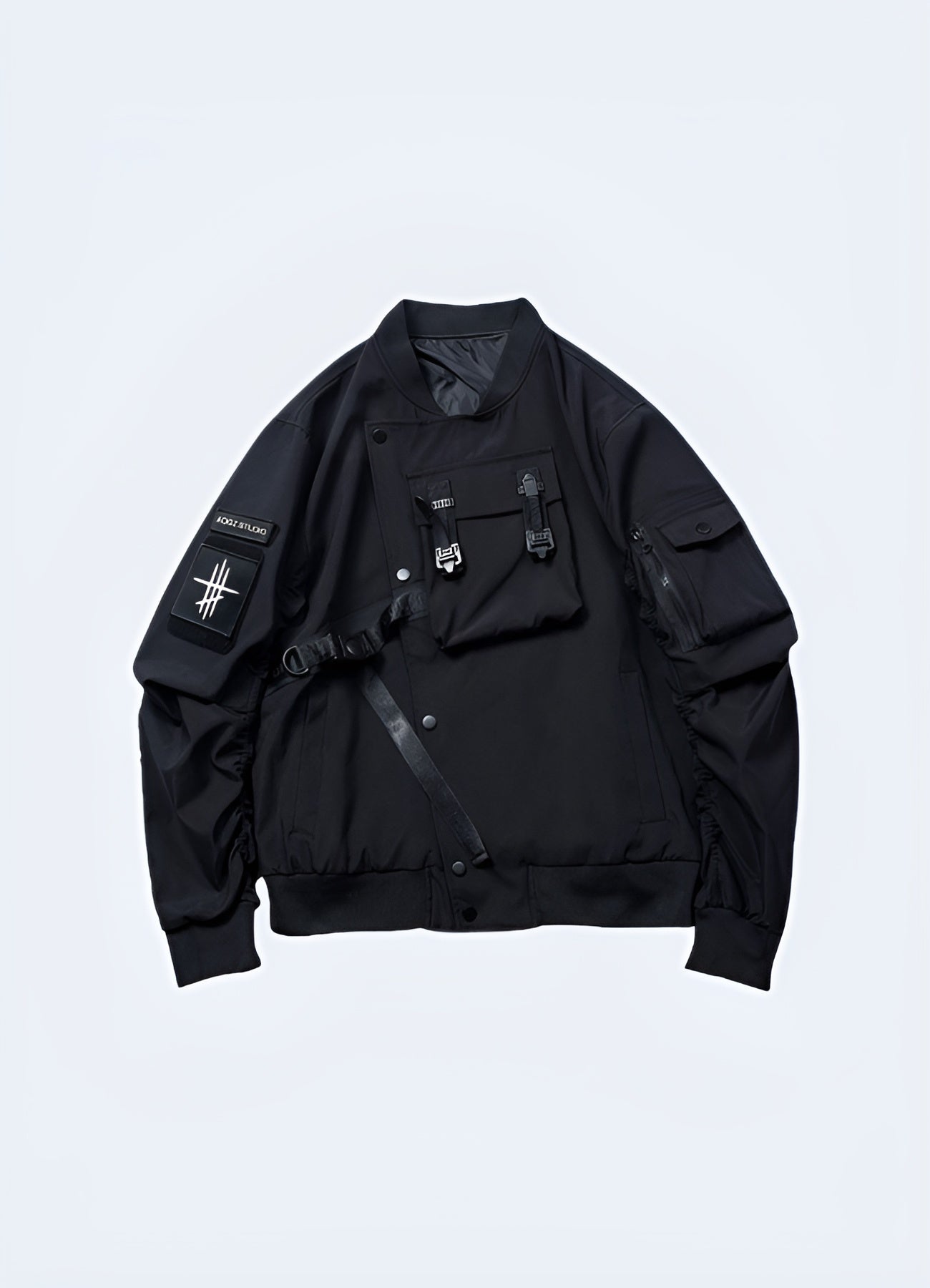 Sleek techwear bomber jacket for a futuristic look.