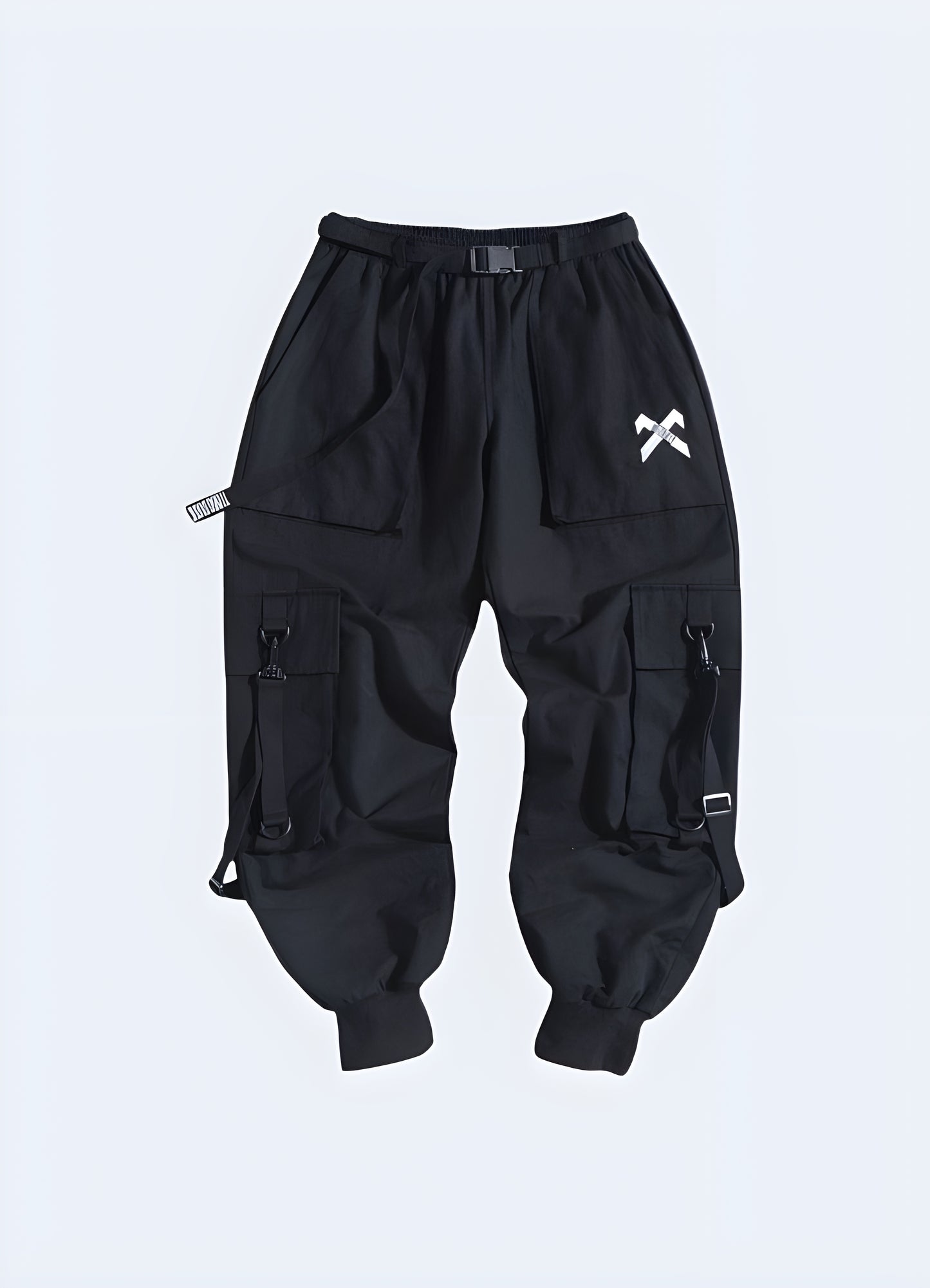 Black techwear pants both multi pockets front view.