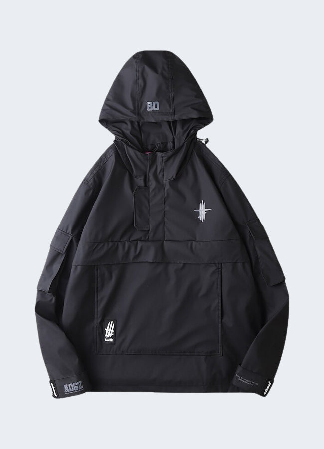 A stylish black techwear windbreaker with a sleek design.