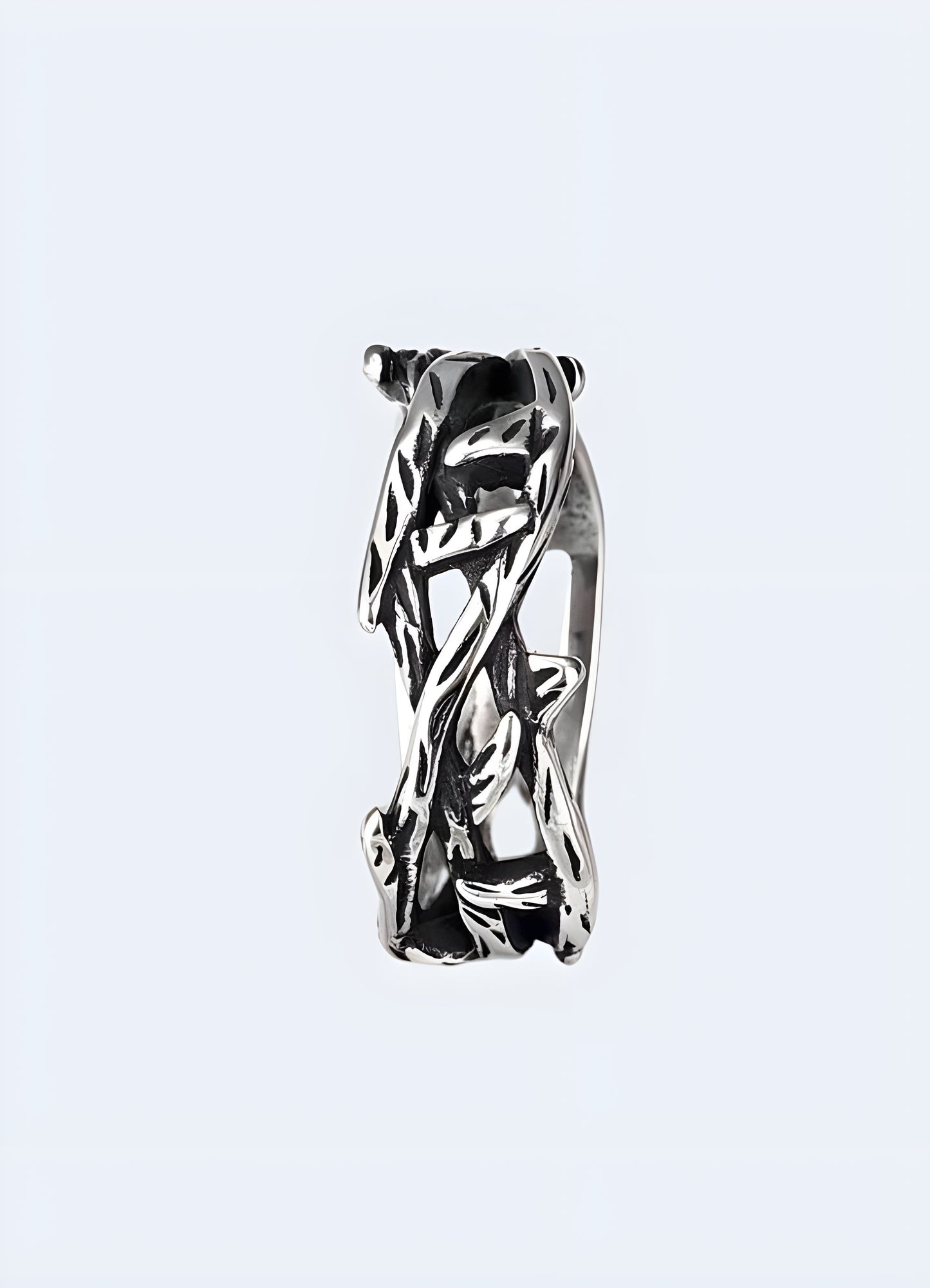 A branch ring modeled in a front view, emphasizing its nature-inspired design and delicate craftsmanship