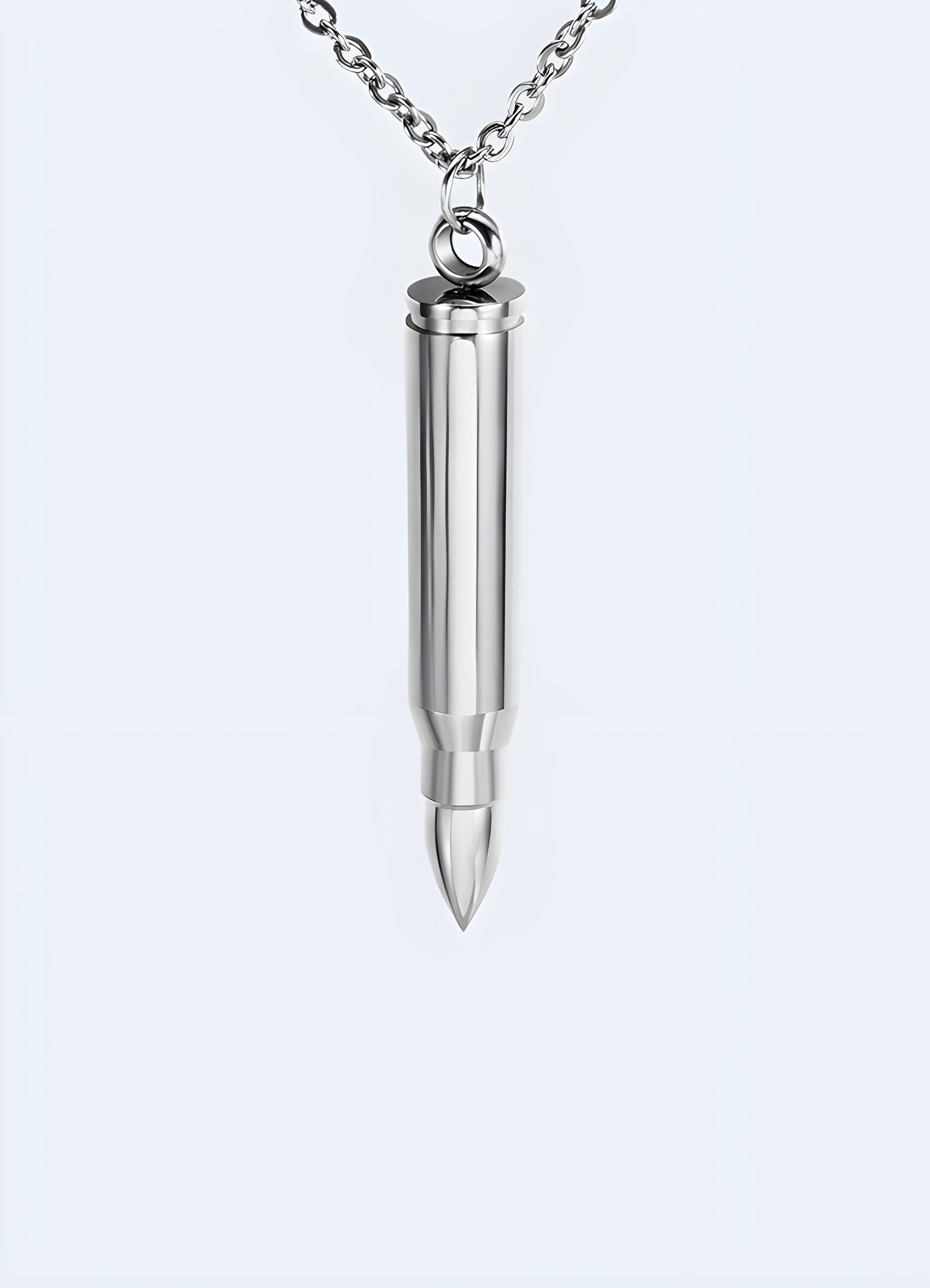 Silver-tone stainless steel metal unisex design bullet necklace.