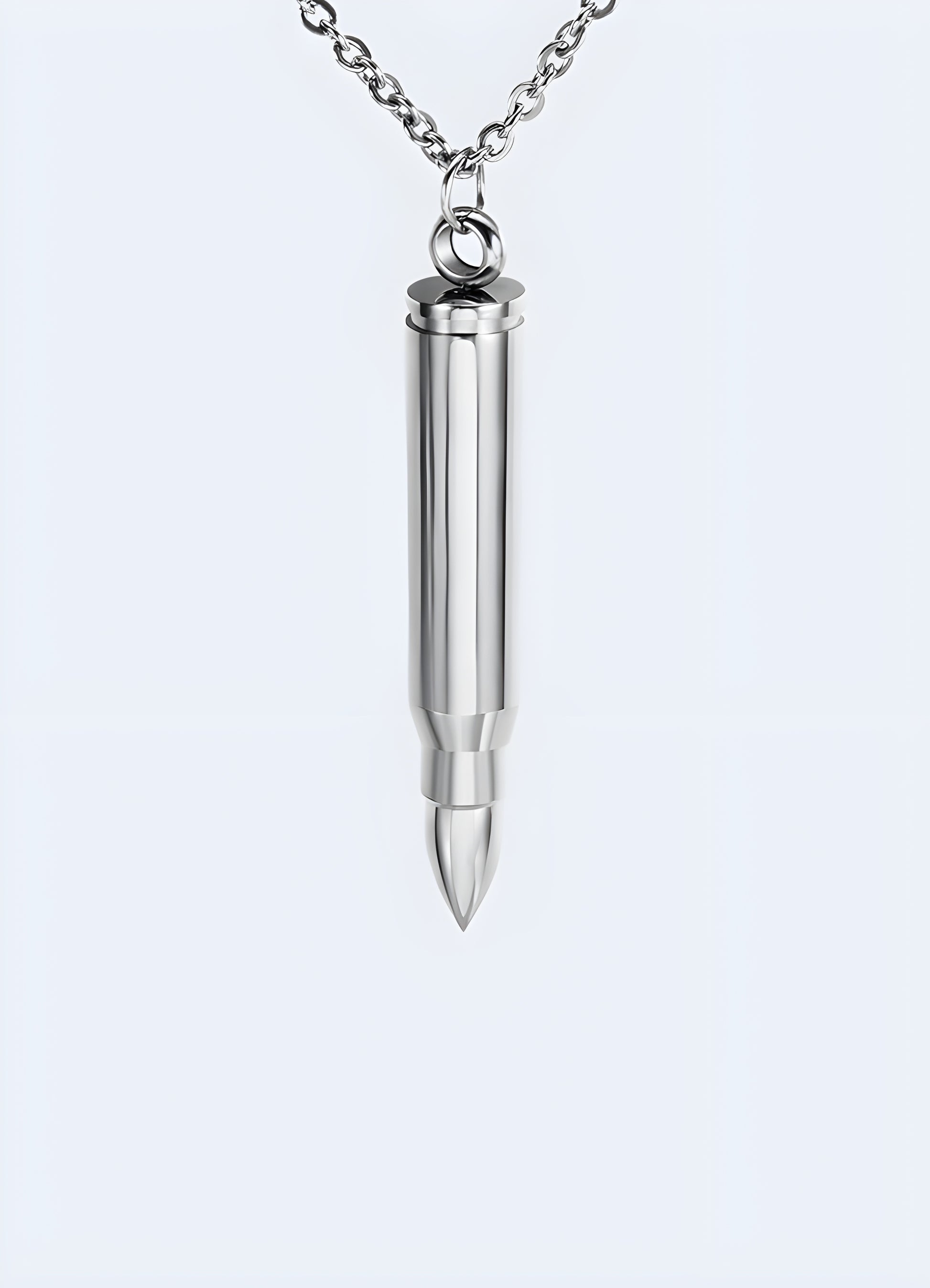 Silver-tone stainless steel metal unisex design bullet necklace.