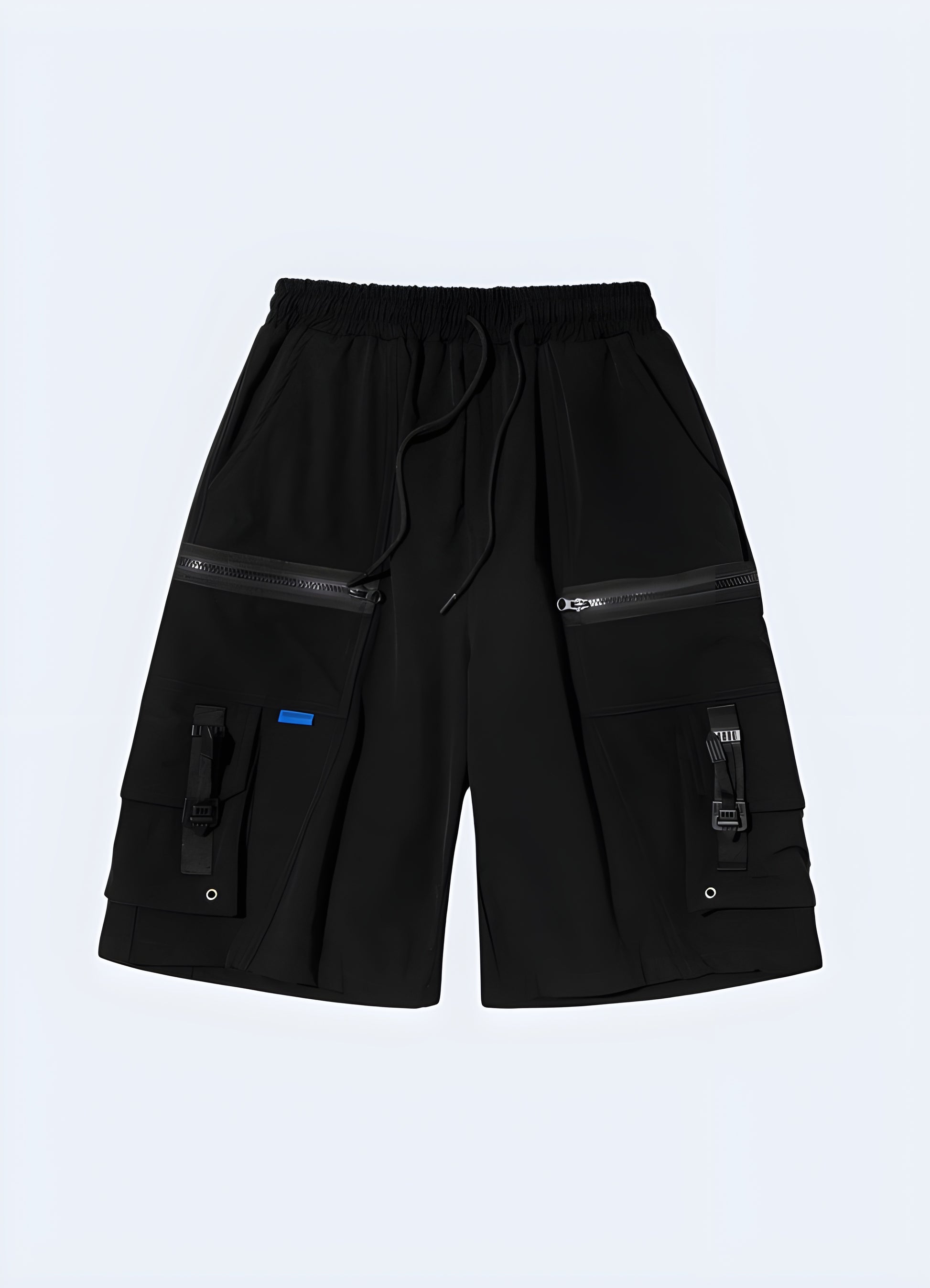 Cargo shorts with multiple zippered pockets.