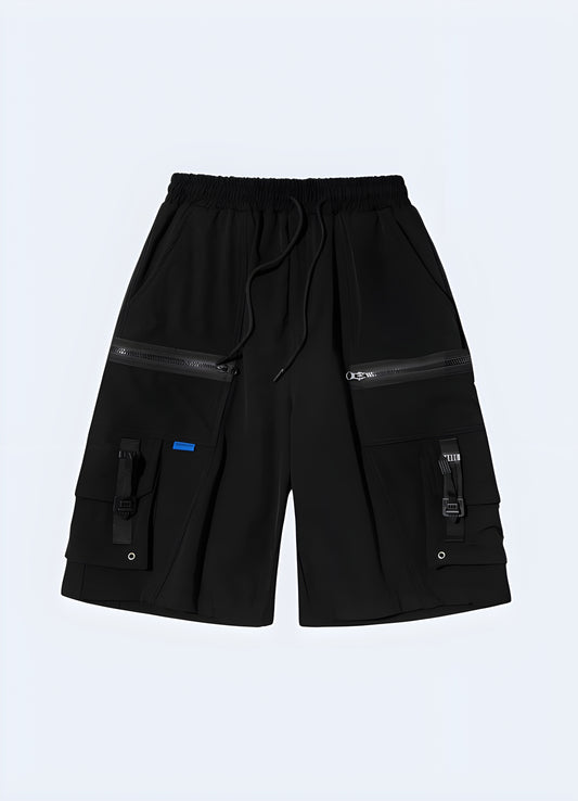 Cargo shorts with multiple zippered pockets.