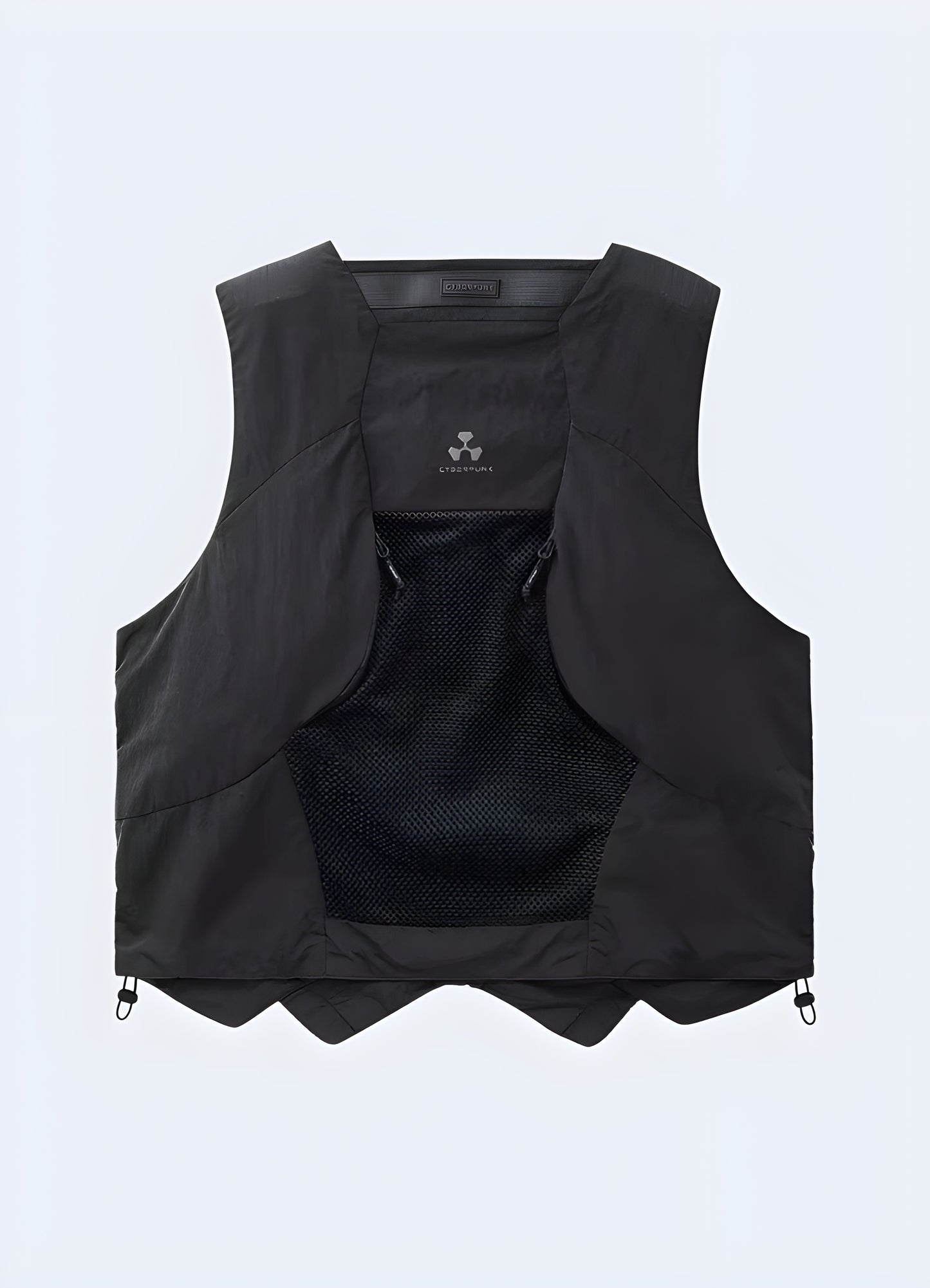 Cyberpunk tactical vest back view model collar turtleneck.
