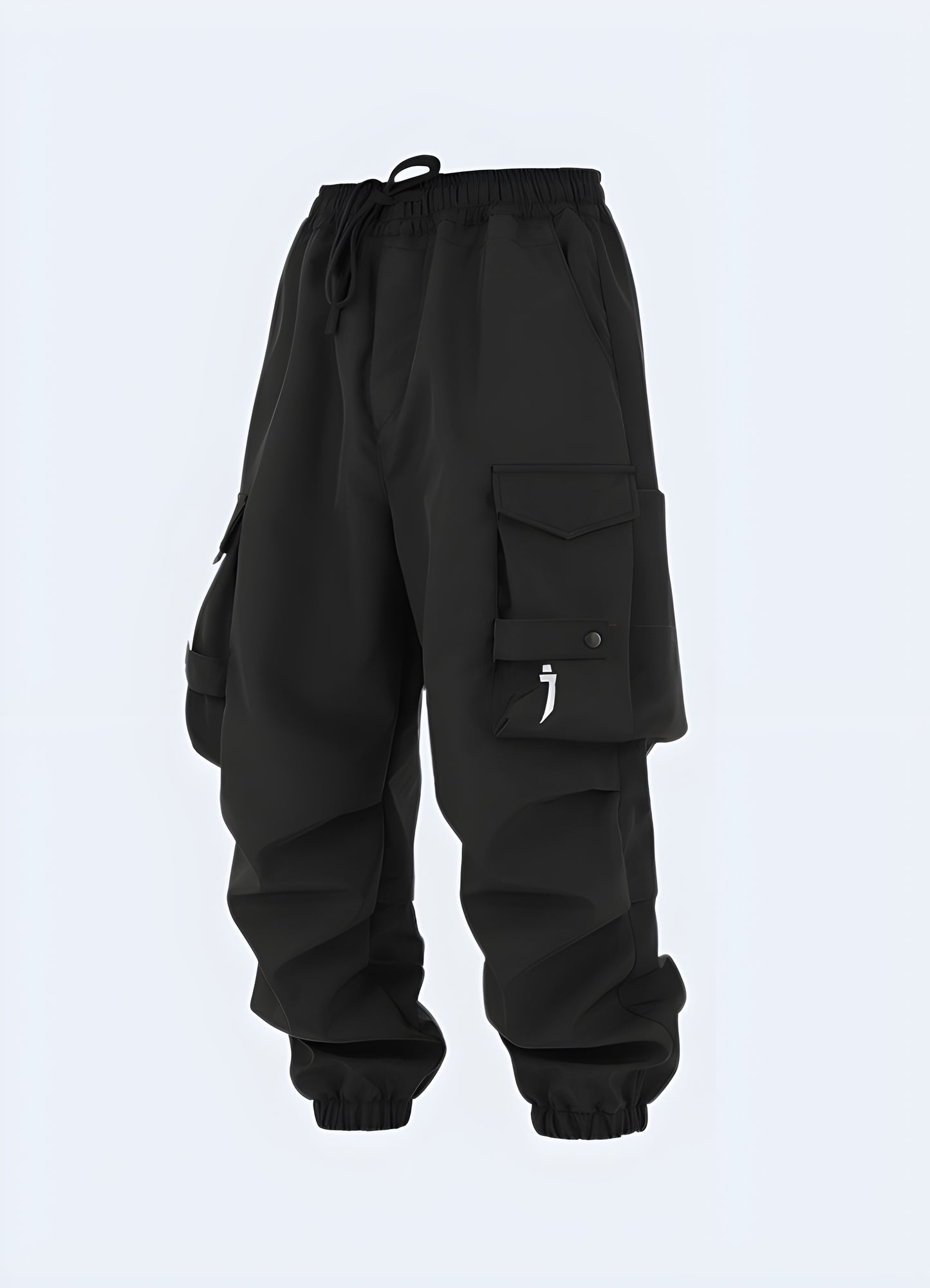 The pants have a slim, tapered fit and a matte black finish, highlighting their modern and futuristic aesthetic.