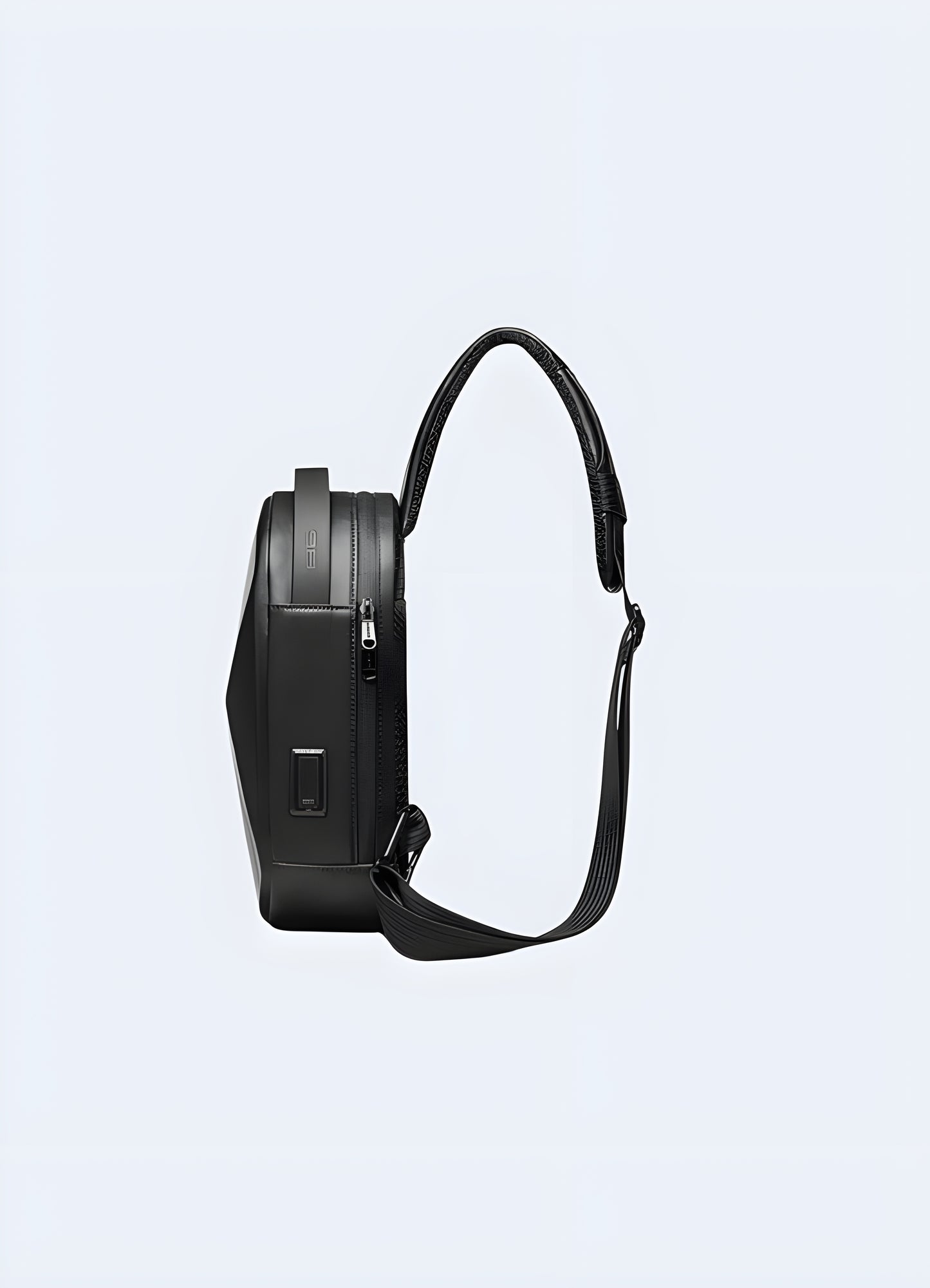 Side view of a futuristic bag showcasing sleek, modern design with advanced materials and smart features.