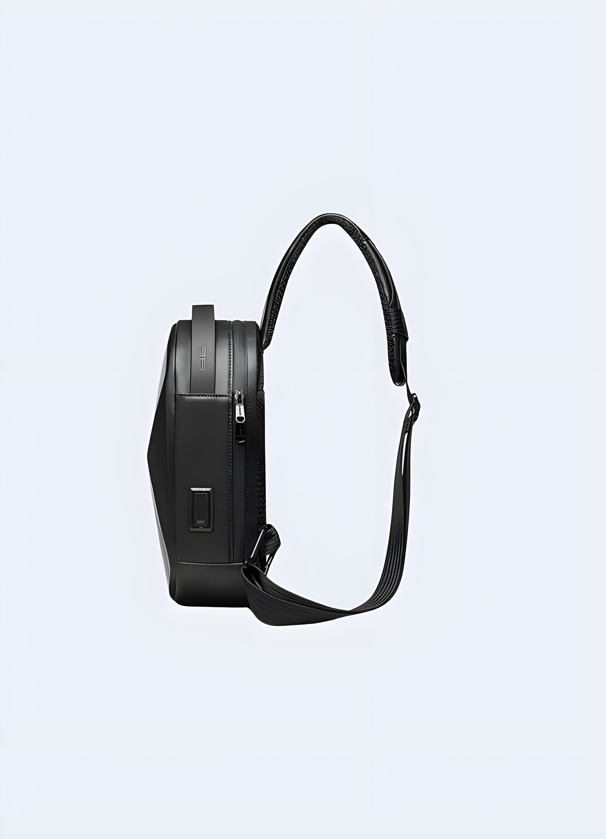 Side view of a futuristic bag showcasing sleek, modern design with advanced materials and smart features.