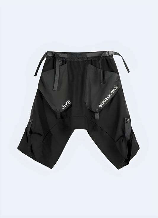 The "harem's" loose fit, strategic patchwork design and powerful colors black.