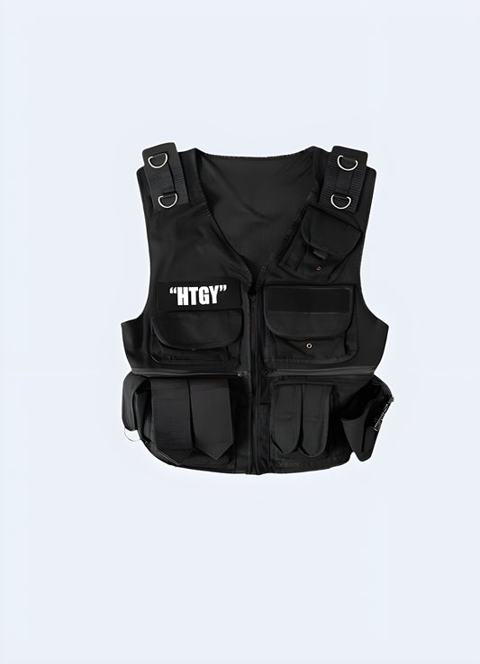 Black Utility HTGY techwear vest front view.