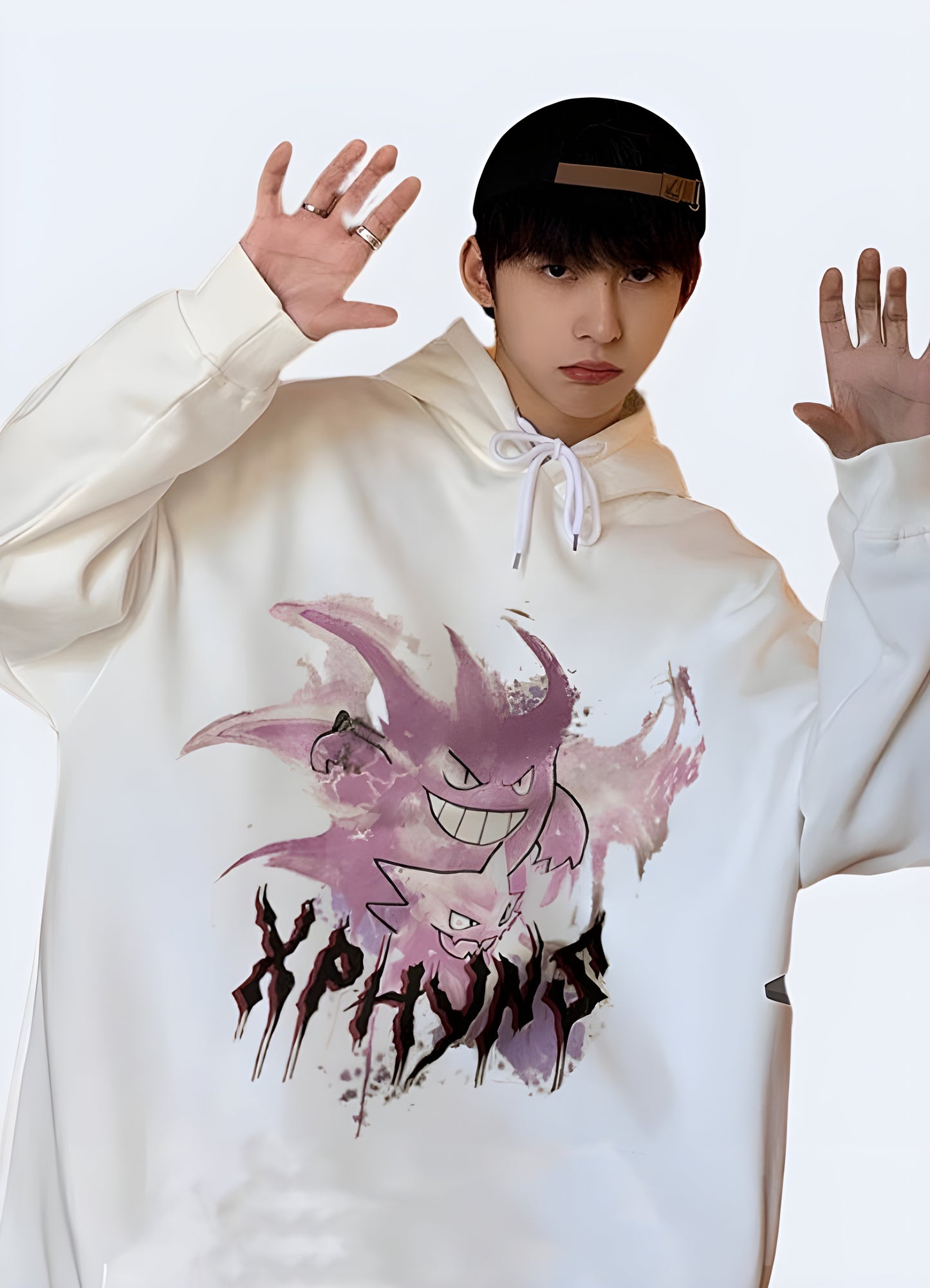 Gengar hoodie white front view – Stylish unisex white hoodie featuring a bold Gengar graphic, perfect for Pokémon fans and streetwear lovers in the UK.