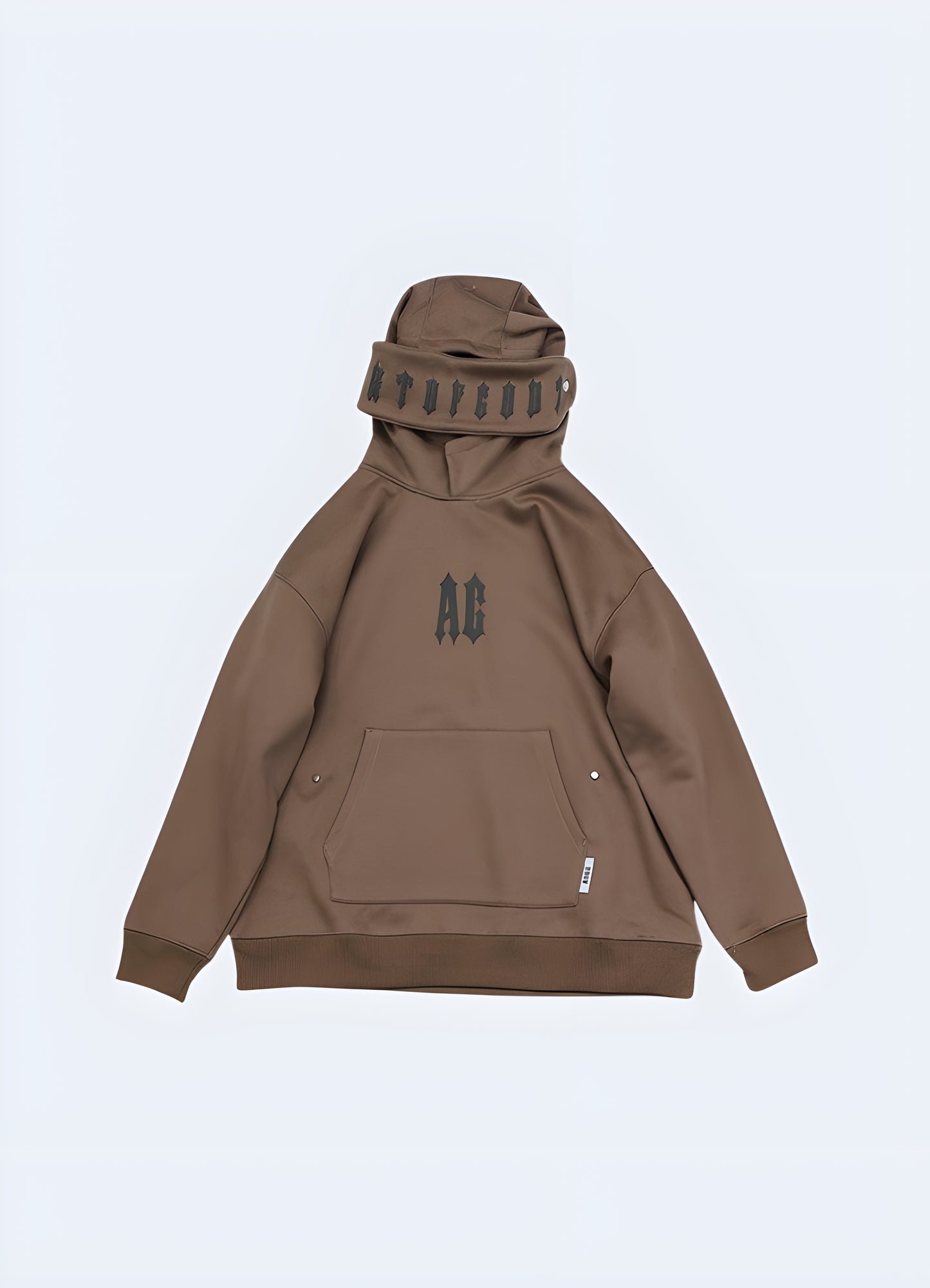 Brown goth hoodie with bold inverted cross print, crafted from cozy.