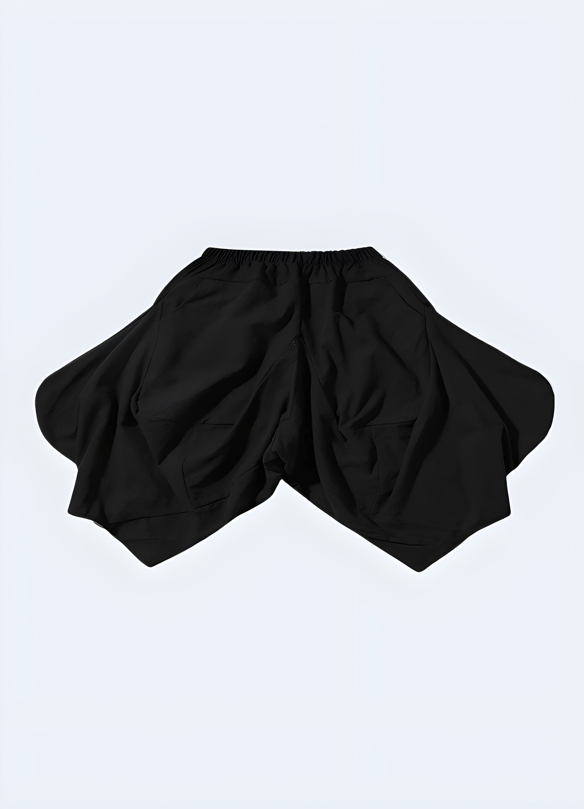 Japanese inspired harem black pants front view.