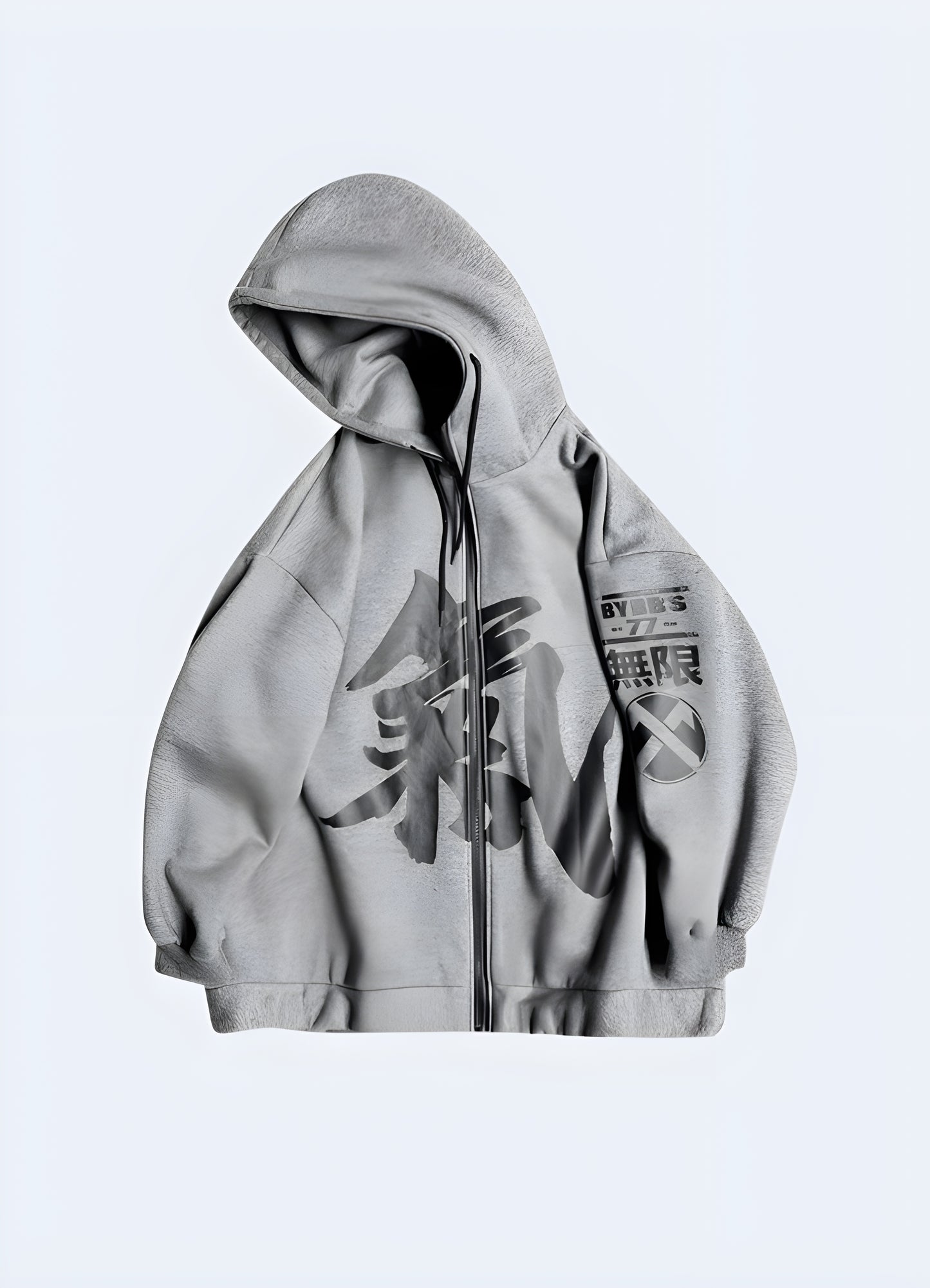 This bold, oversized zip-up hoodie for men japanese kanji hoodie grey.