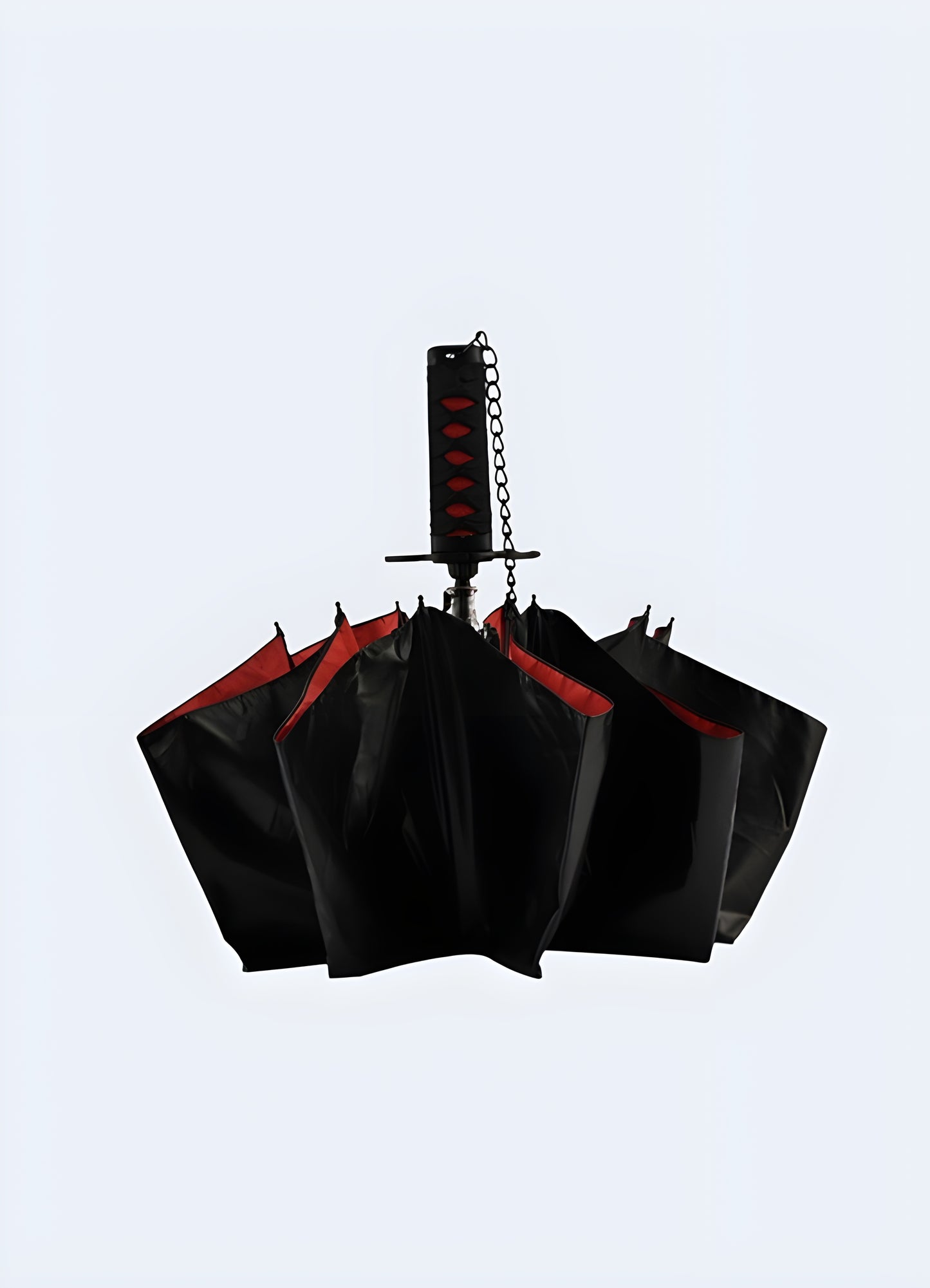 Japanese katana umbrella black interior close front view.
