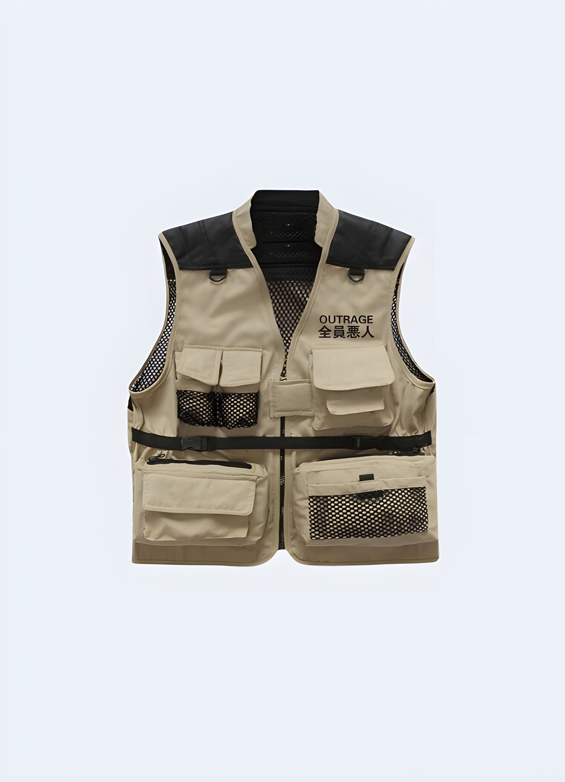 Its multiple zippered and cargo pockets, mesh parts japanese vest.