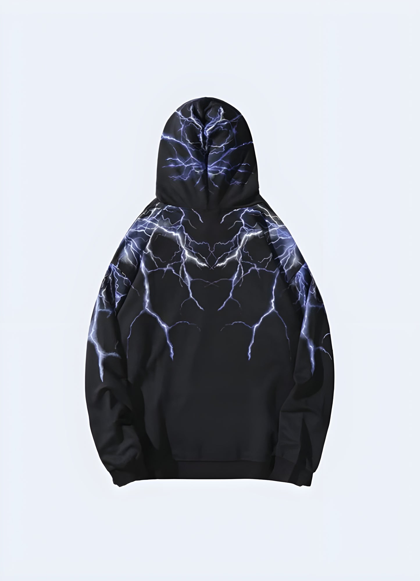 Black hoodie with white lightning bolt graphic.