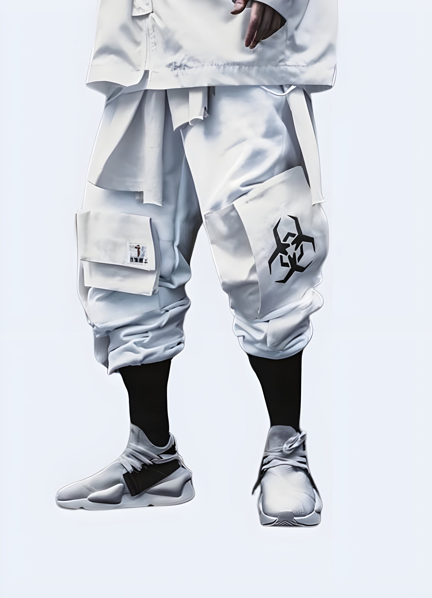 Edgy graffiti-print acid wash denim white biohazard pants.