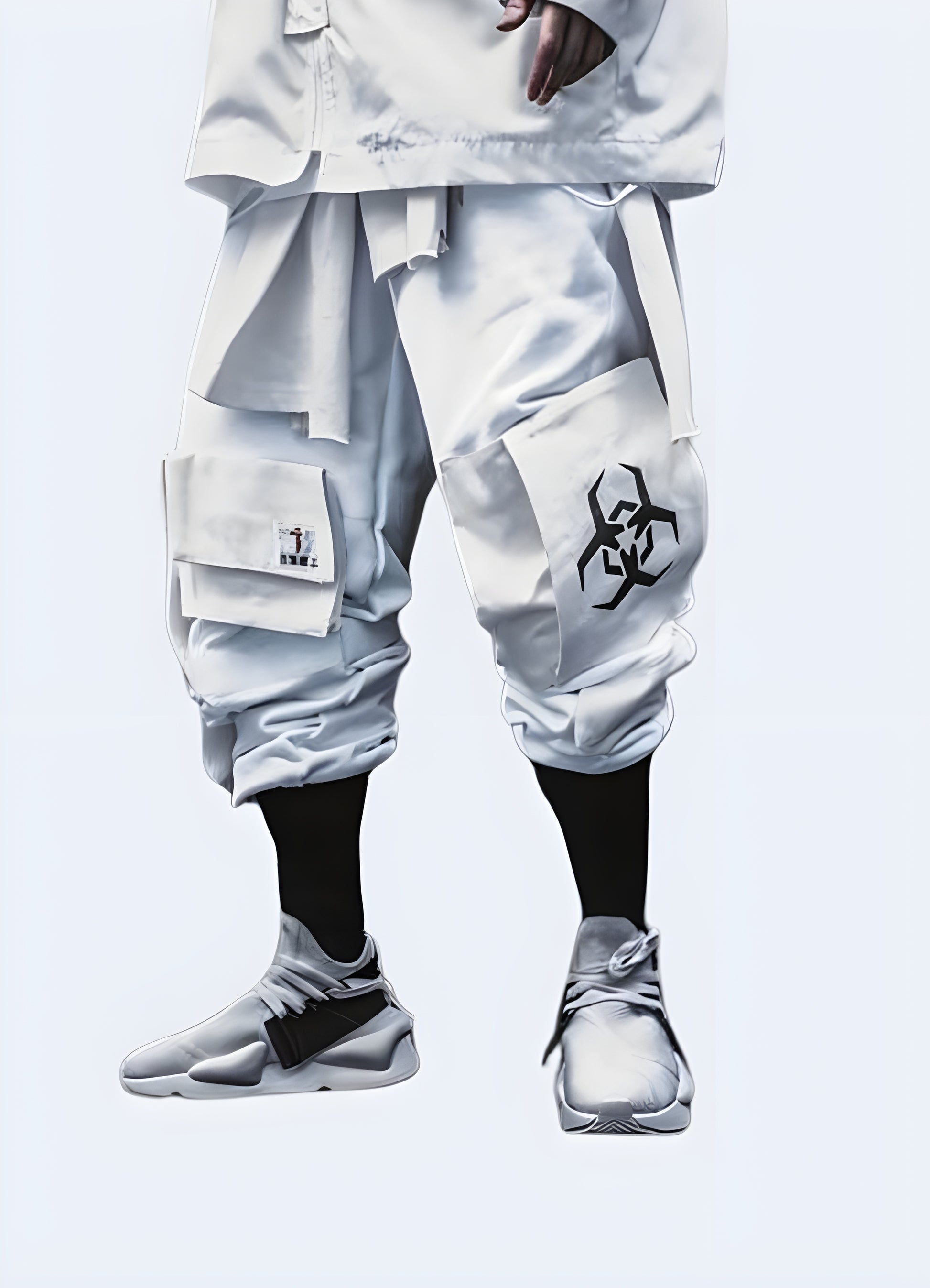 Edgy graffiti-print acid wash denim white biohazard pants.