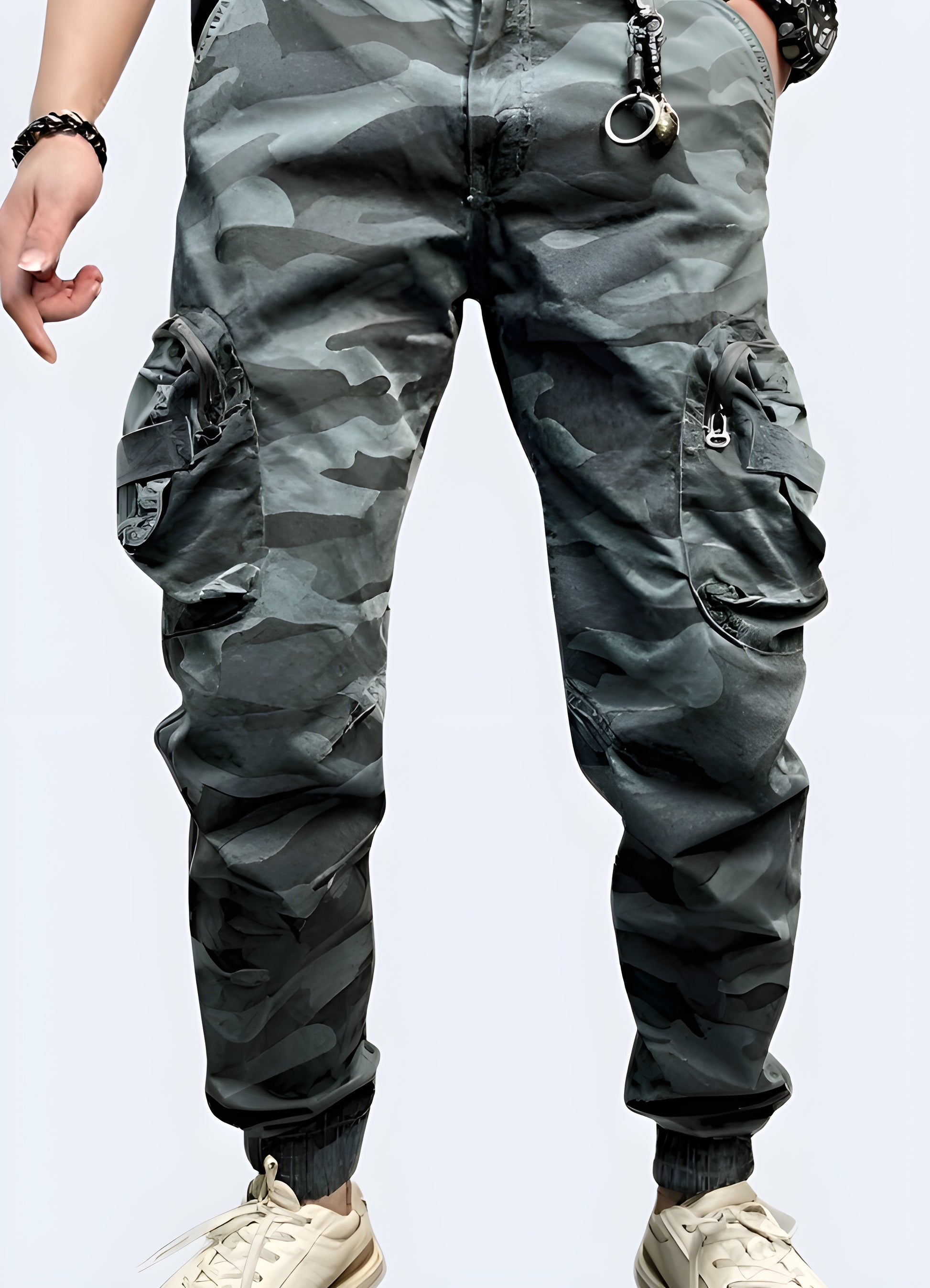Oversized zipper fly closure camo cargo pants baggy blue.