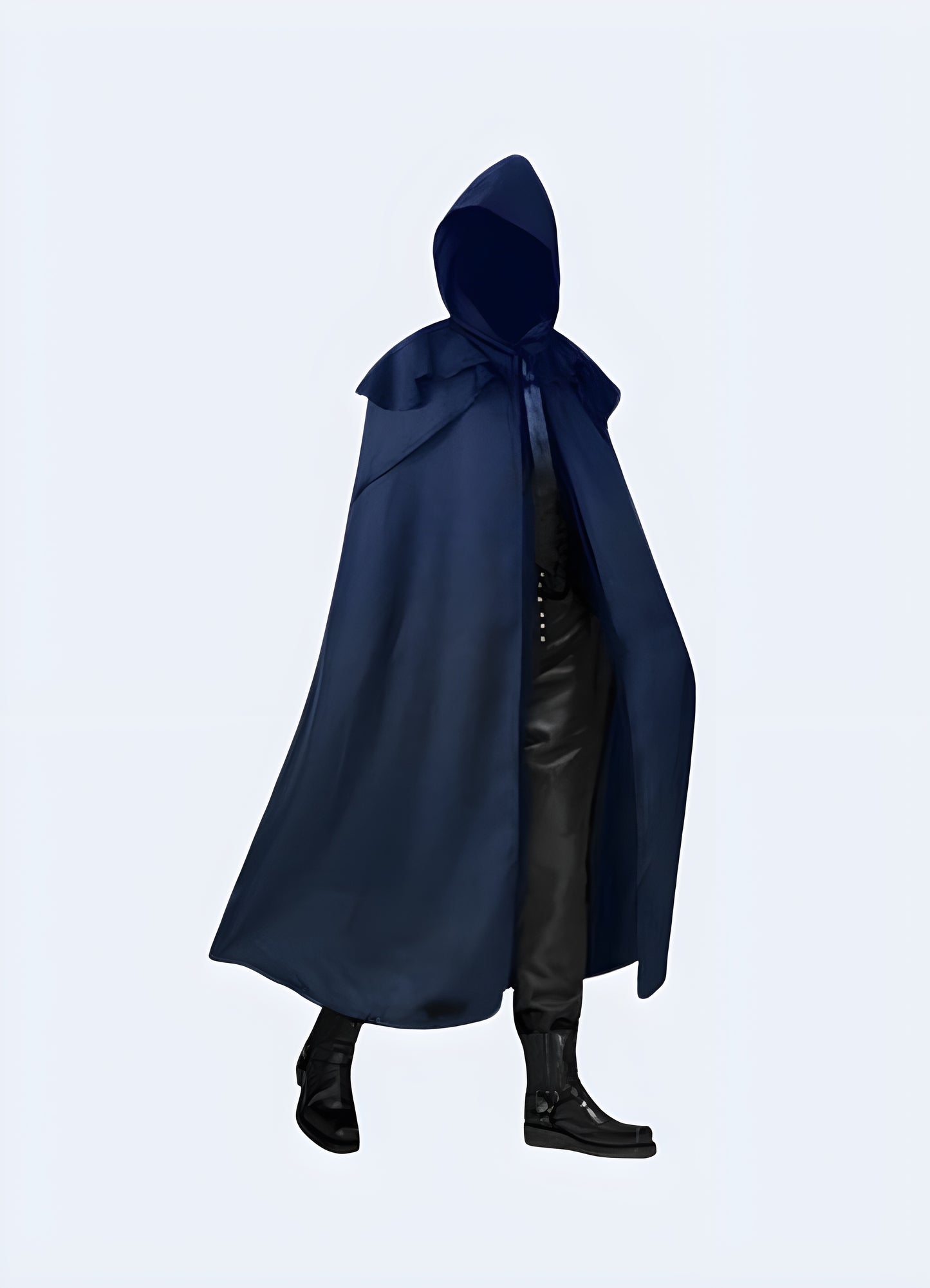 Gothic hooded cloak blue ribbon closure on the neck.