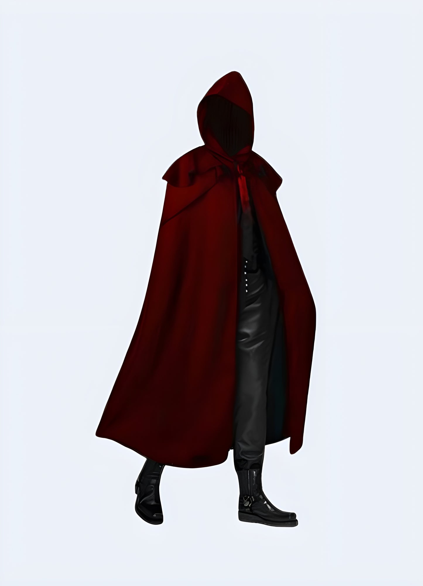 Gothic hooded cloak red oversized hood covers head and shoulders.