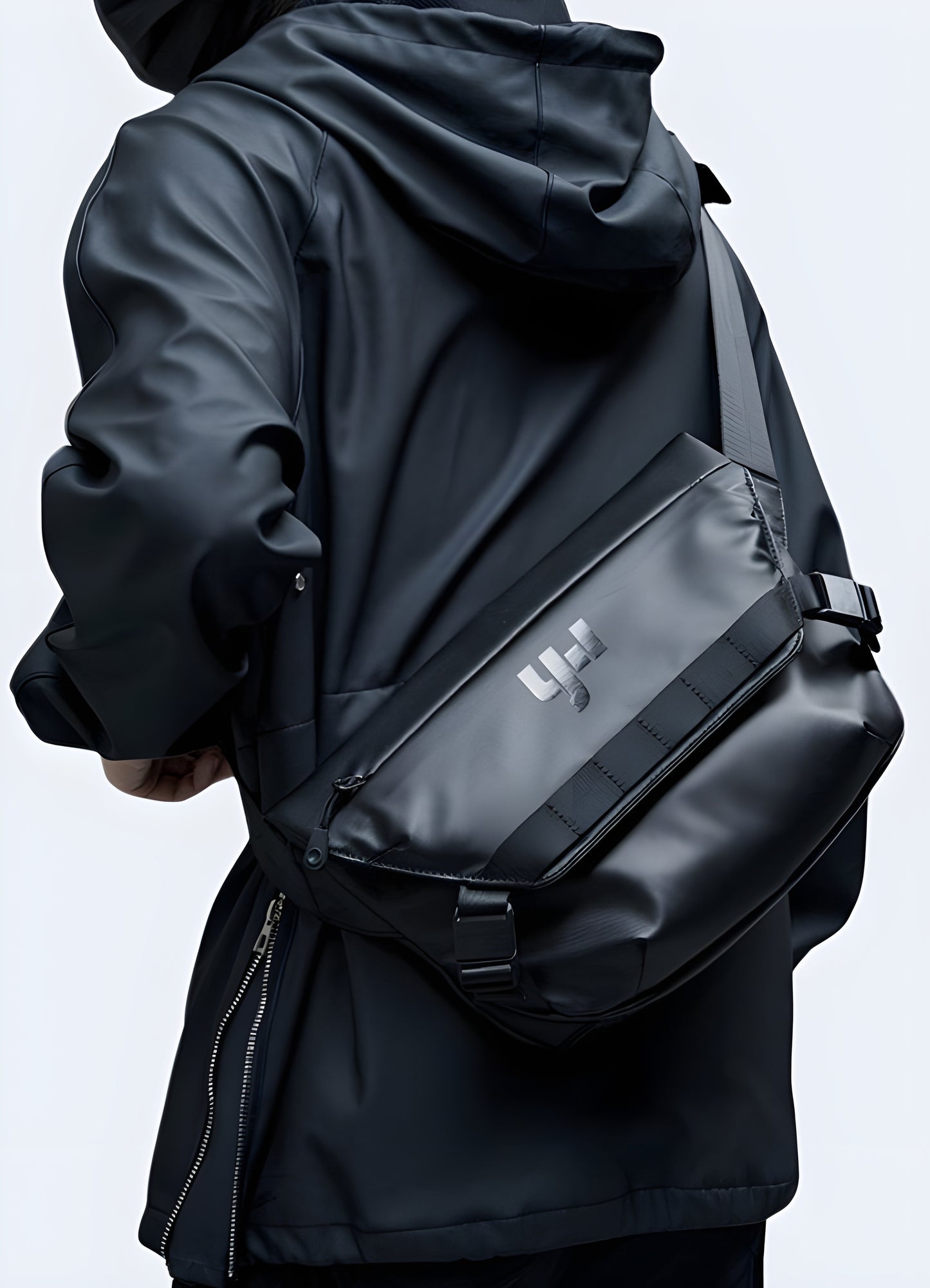 Man wearing a Japanese sling bag in side view, showcasing the bag's compact design and adjustable strap.