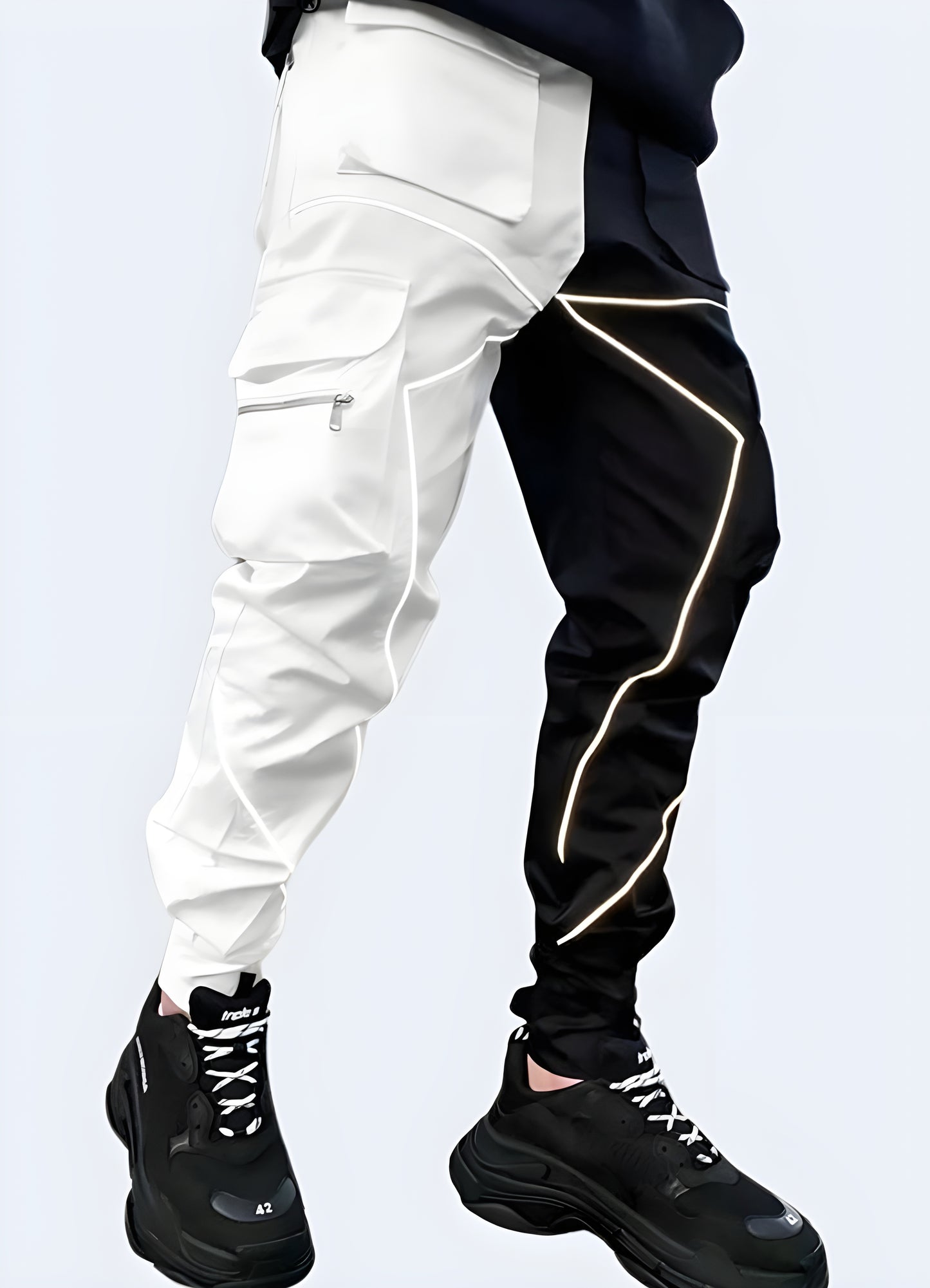 Smooth and flexible technical fabric black white reflective pants.