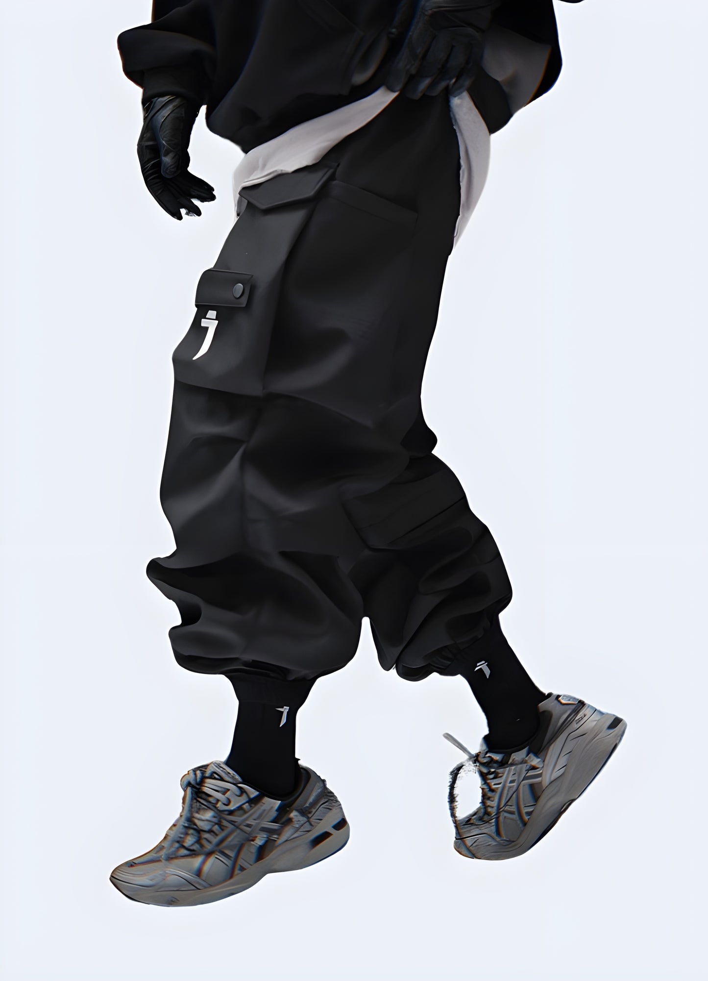 Man wearing urban cargo pants – Side view | Modern techwear cargo pants with a sleek urban design, featuring multiple pockets and a comfortable fit. Ideal for streetwear and futuristic fashion looks.