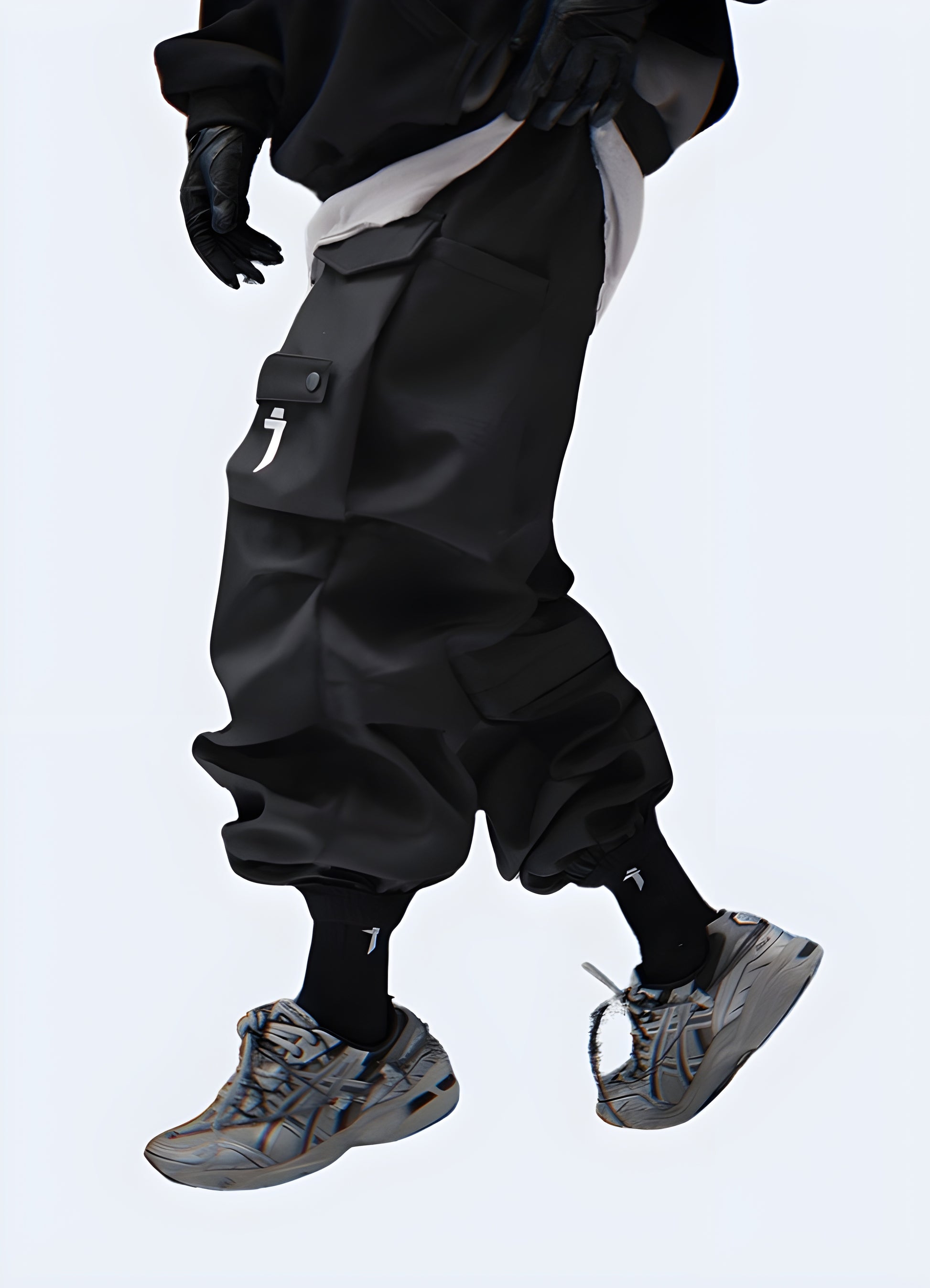 Man wearing urban cargo pants – Side view | Modern techwear cargo pants with a sleek urban design, featuring multiple pockets and a comfortable fit. Ideal for streetwear and futuristic fashion looks.