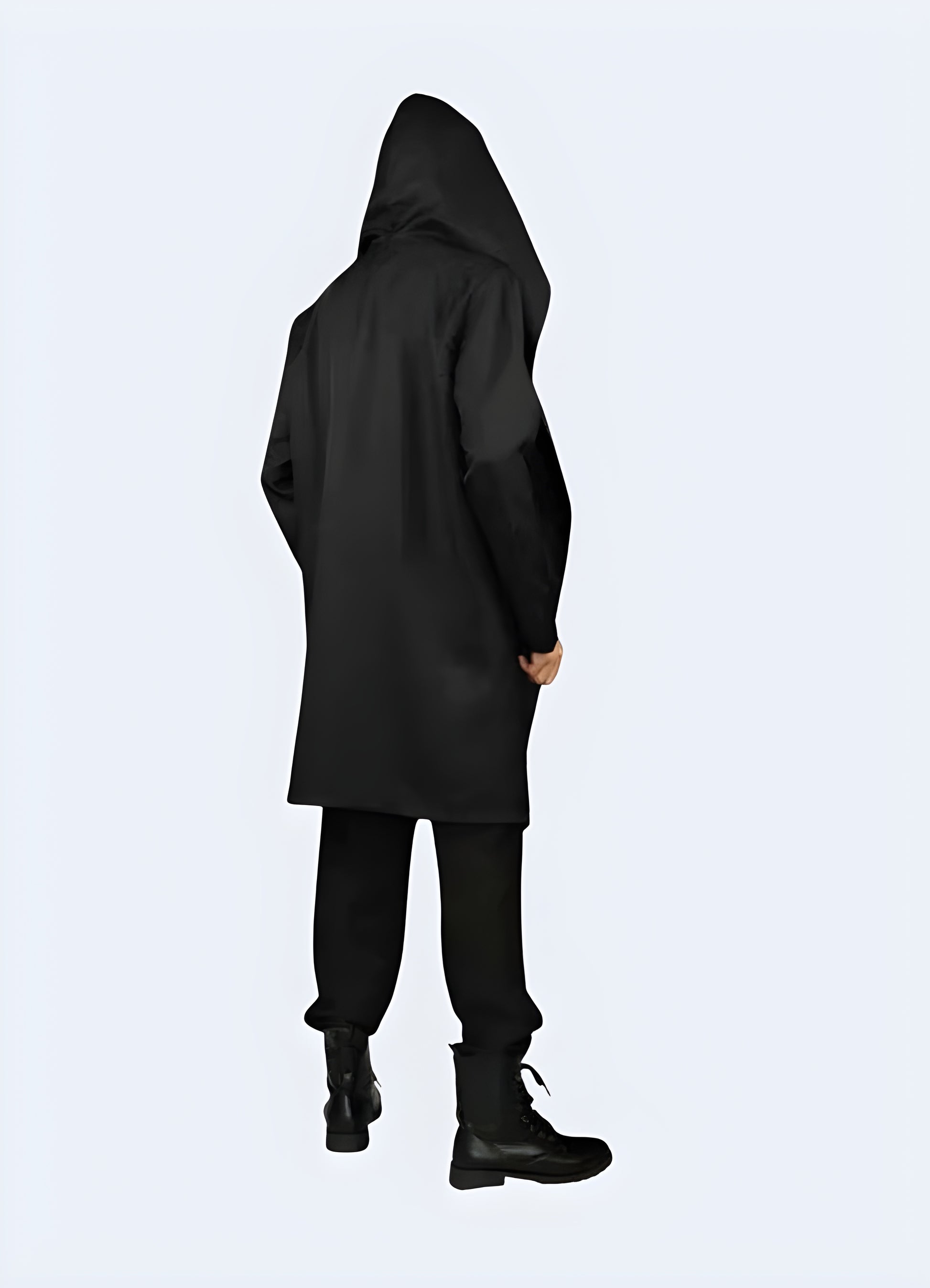 Back side view of man wearing streetwear cloak – Japanese inspired streetwear coat.