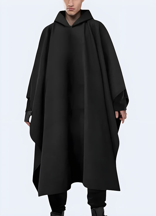 Asymmetric zippered design with utilitarian look techwear cape.