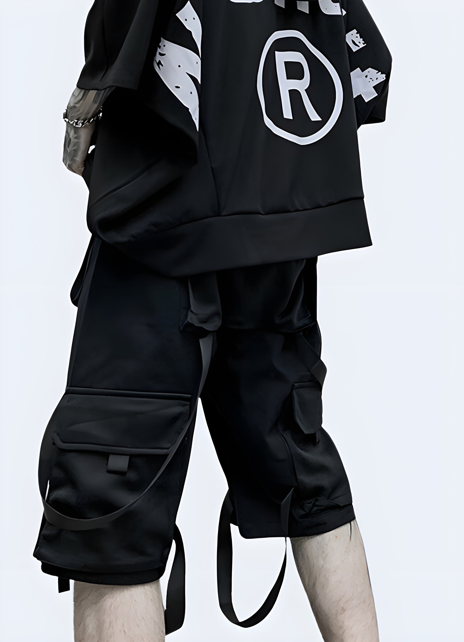Futuristic all-over printed cargo shorts crafted for everyone.