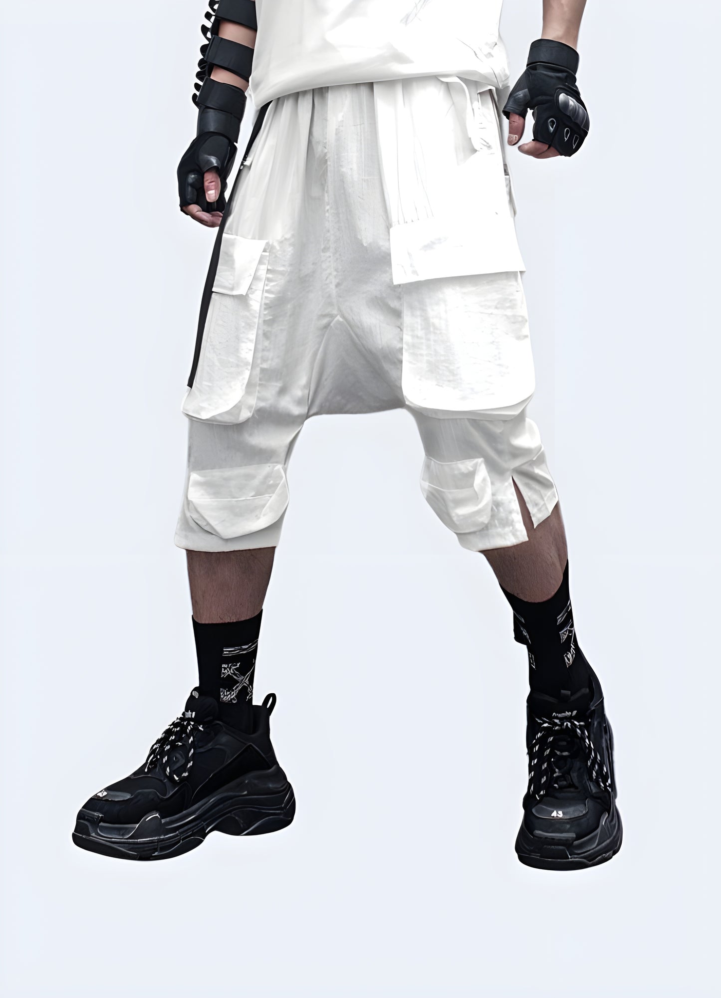 These futuristic cargo shorts embody both form and function in a sleek, modern package.