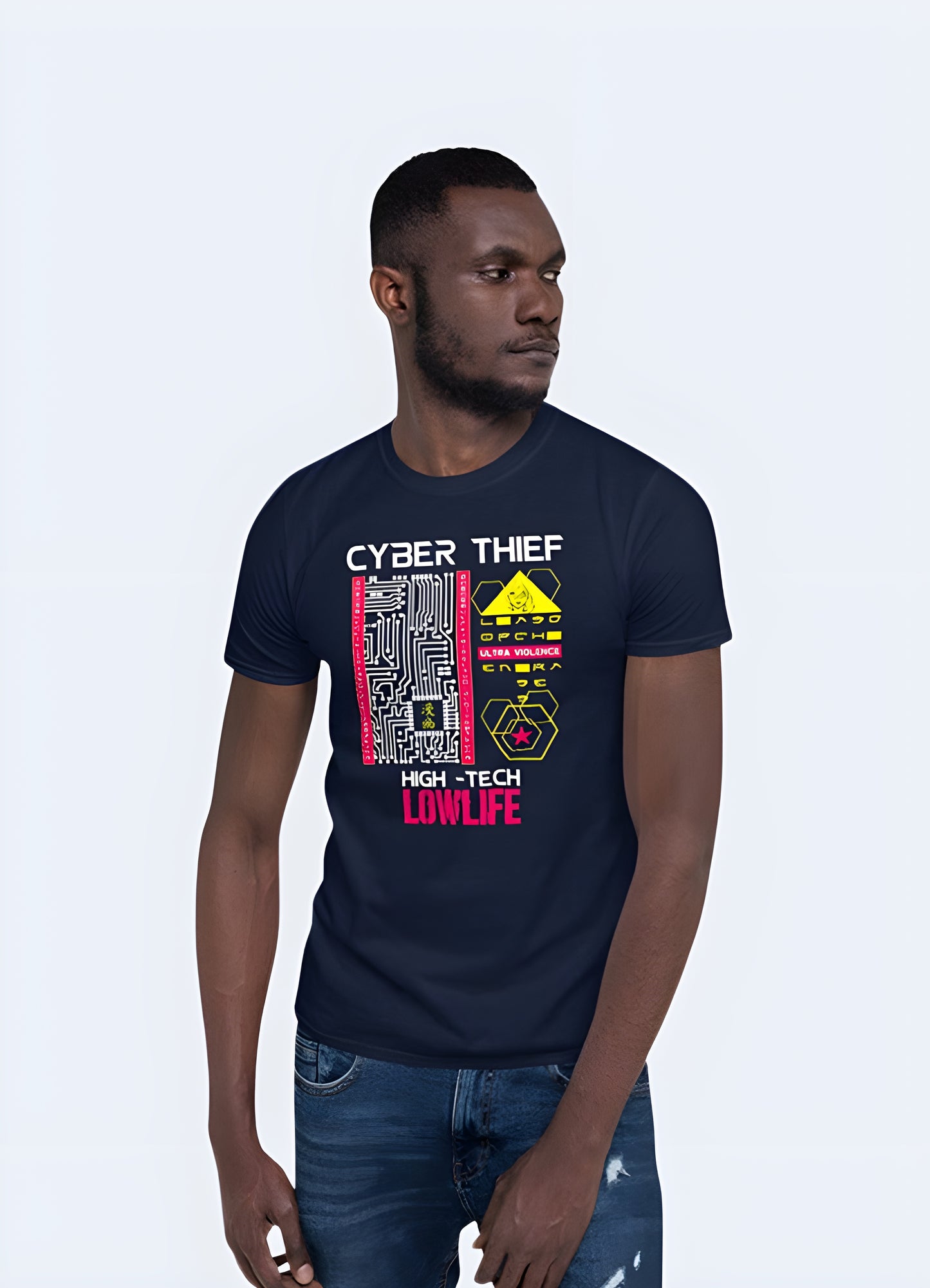 Cyberpunk high-tech low-life graphic tee standard unisex fit.