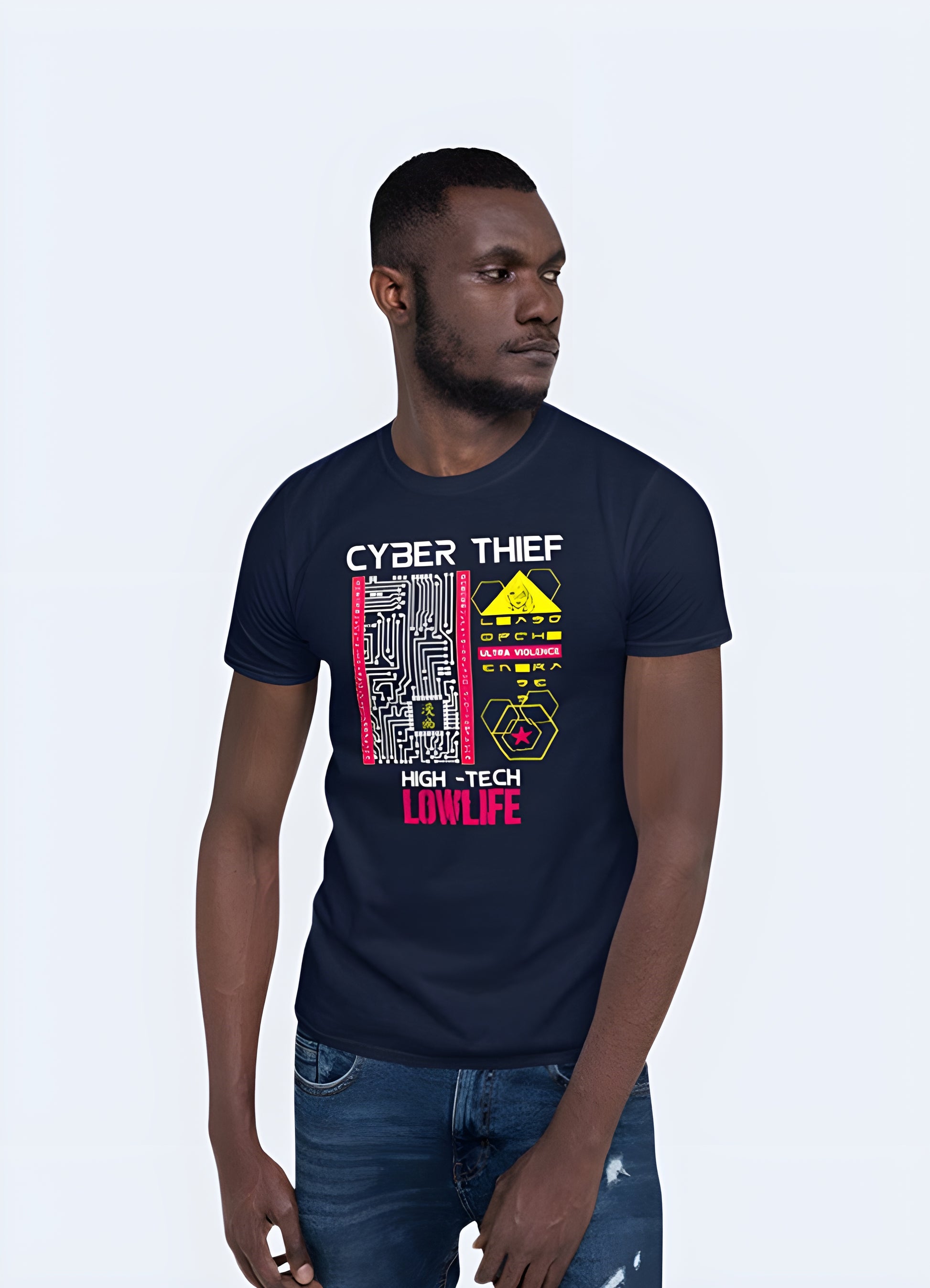 Cyberpunk high-tech low-life graphic tee standard unisex fit.