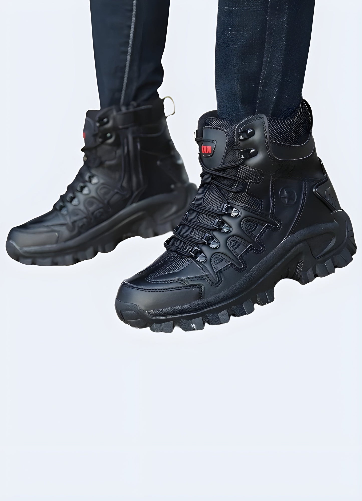 Man wearing black boots, front and side view. Featuring aesthetic design and sleek look.