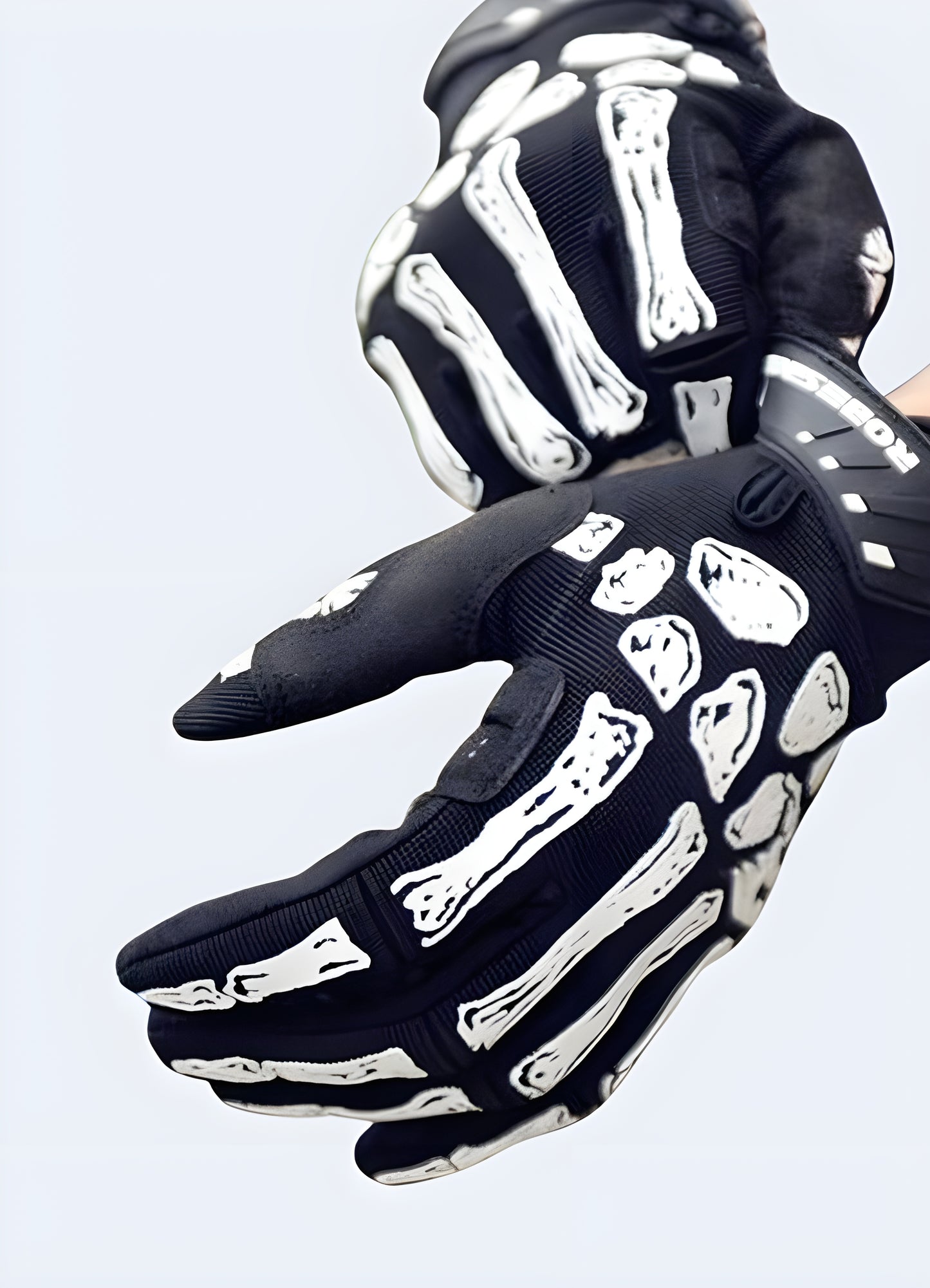 Men wearing Full finger tactical skull gloves white side view.