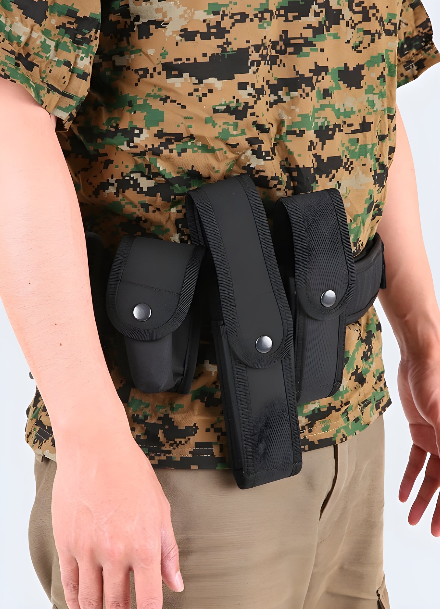 Men wearing multi pocket belt cargo style front view.
